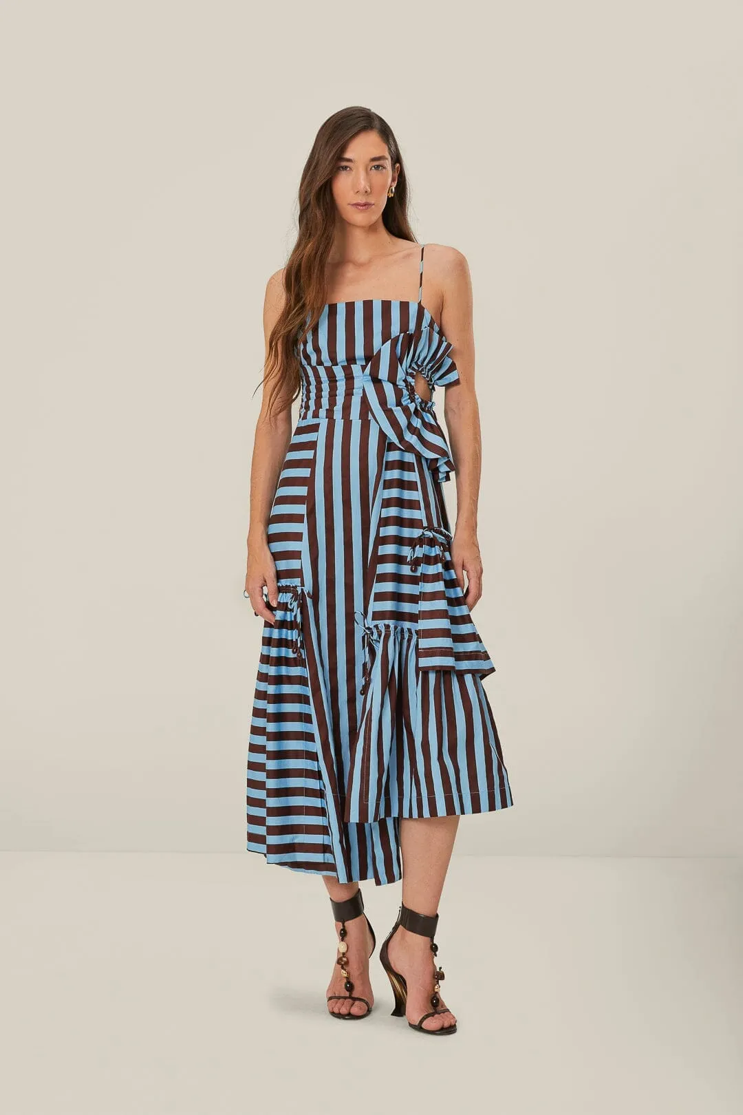 Ocean Breeze Brown and Blue Tropical Flight Stripes Organic Cotton Midi Dress