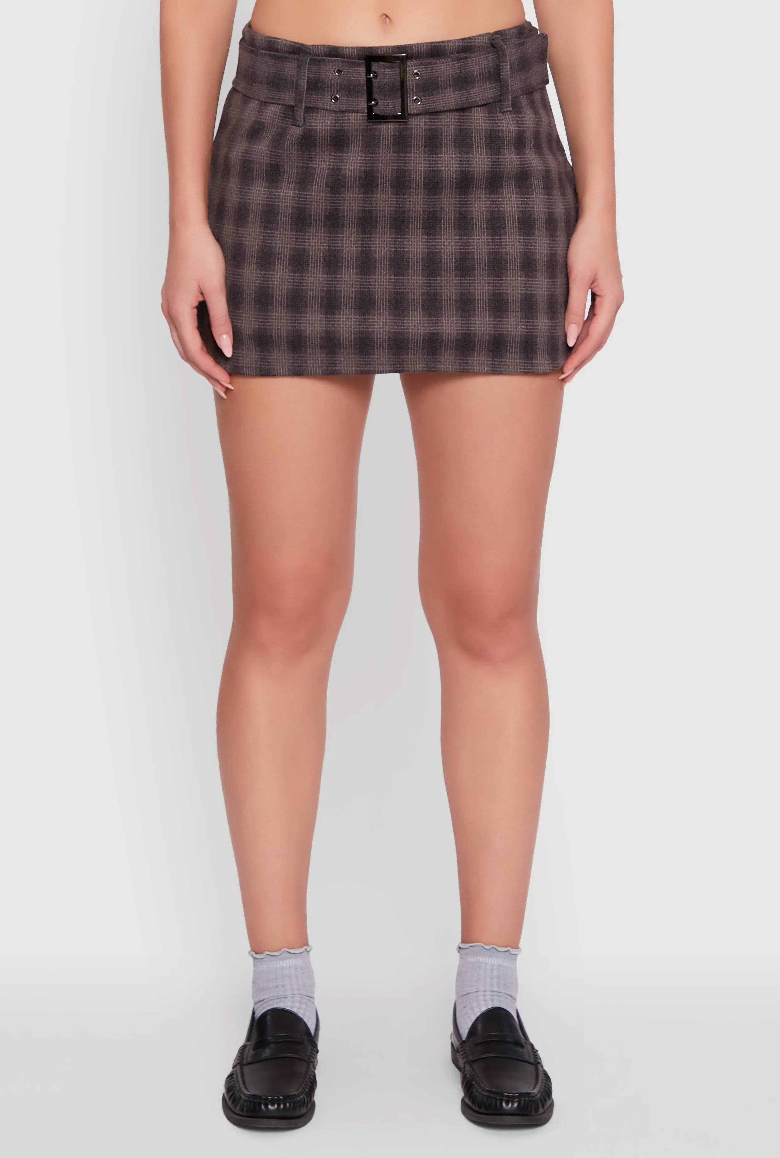 Easy Outfit Fleece Lined Plaid Mini Skirt with Belt