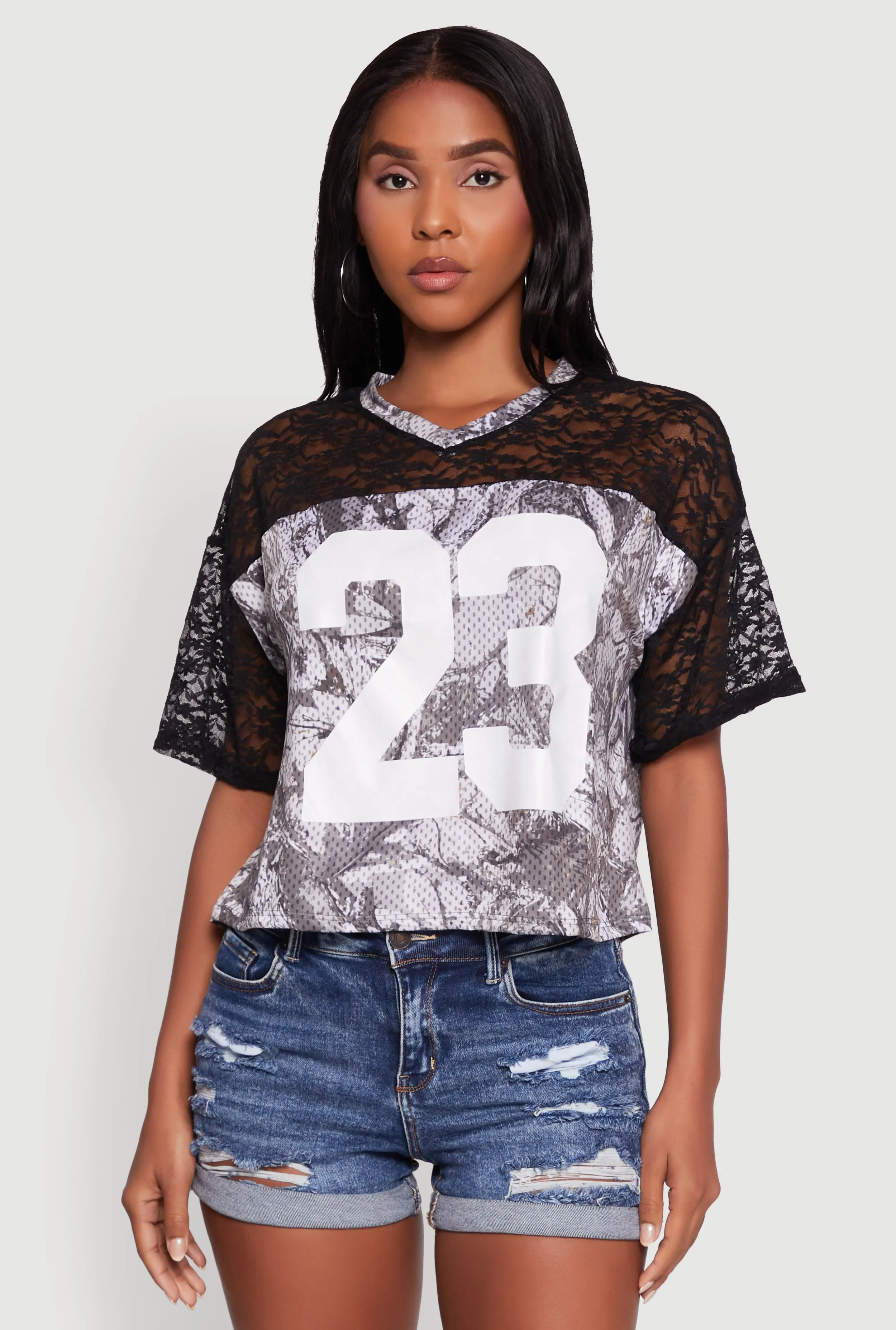 Casual Comfort Wear 23 Lace Detail Forest Camouflage Tee