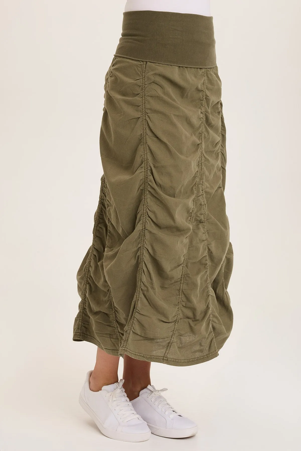 FadeResistantColors Classic Mode Linen Shirred Asymmetric Midi Skirt
