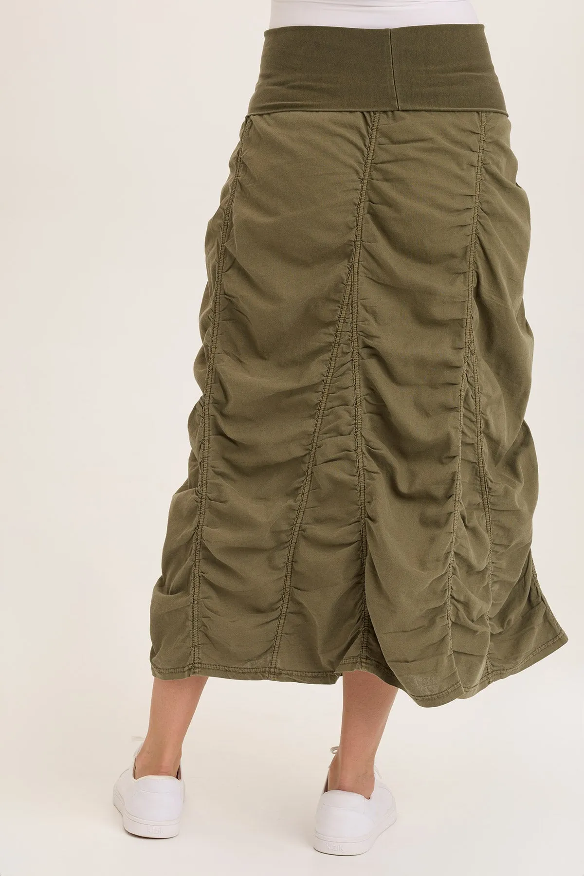 Linen Shirred Asymmetric Midi Skirt Leader Fit Earth Fit