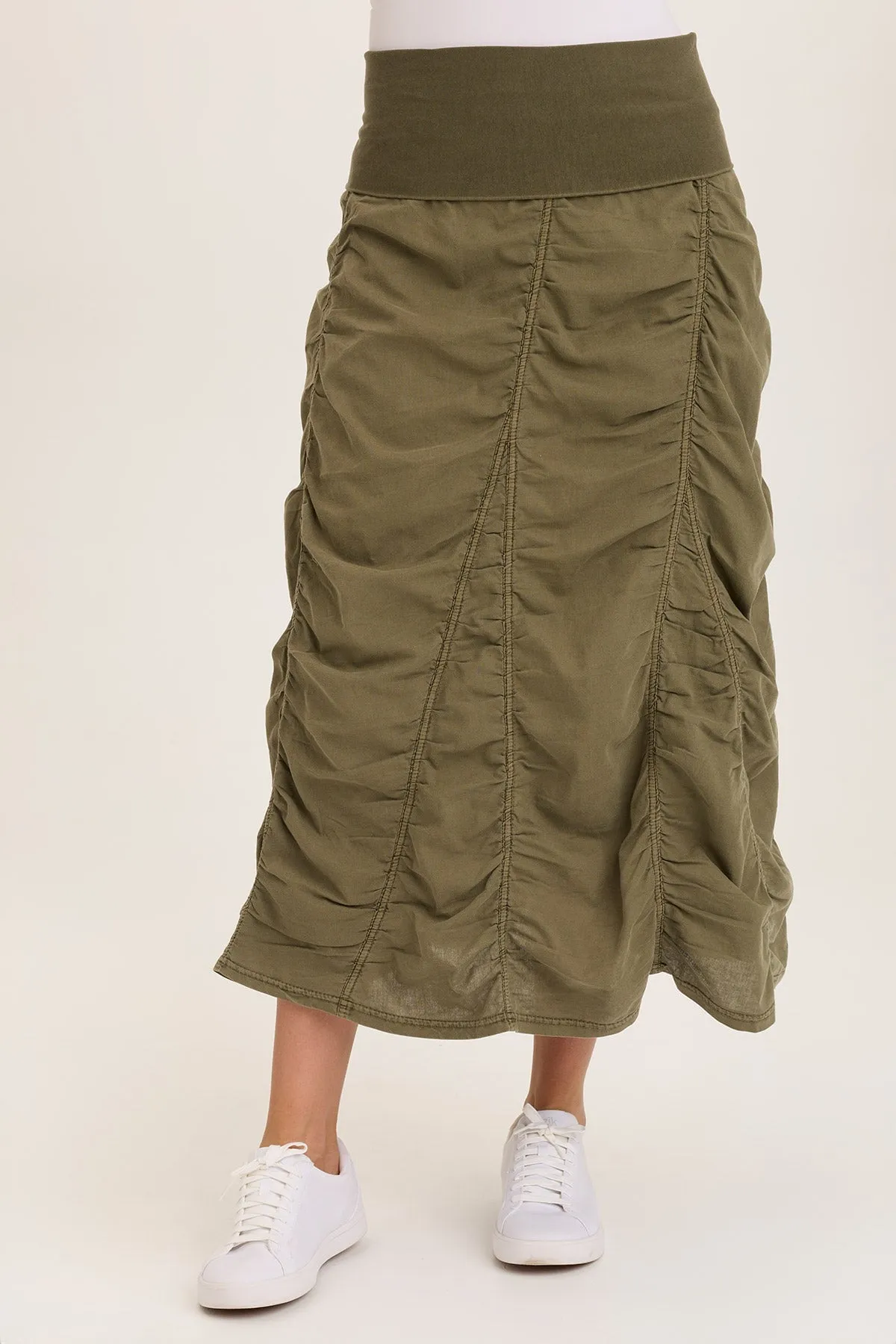 SkinFriendlyElastic Linen Shirred Asymmetric Midi Skirt