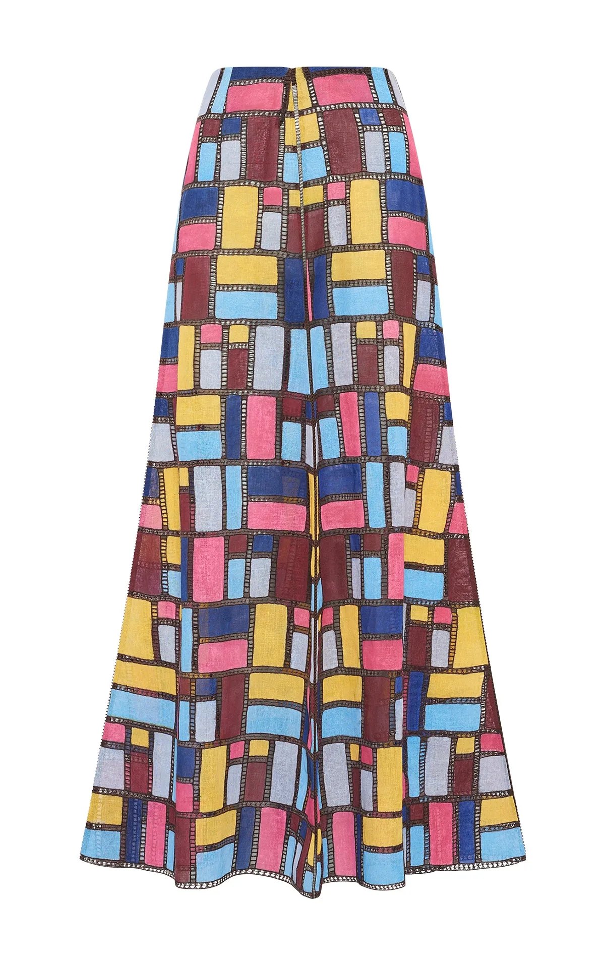 Selma Patchwork Embroidered Maxi Skirt in Aurora Multi Linen elastic waistband Stretchable Material