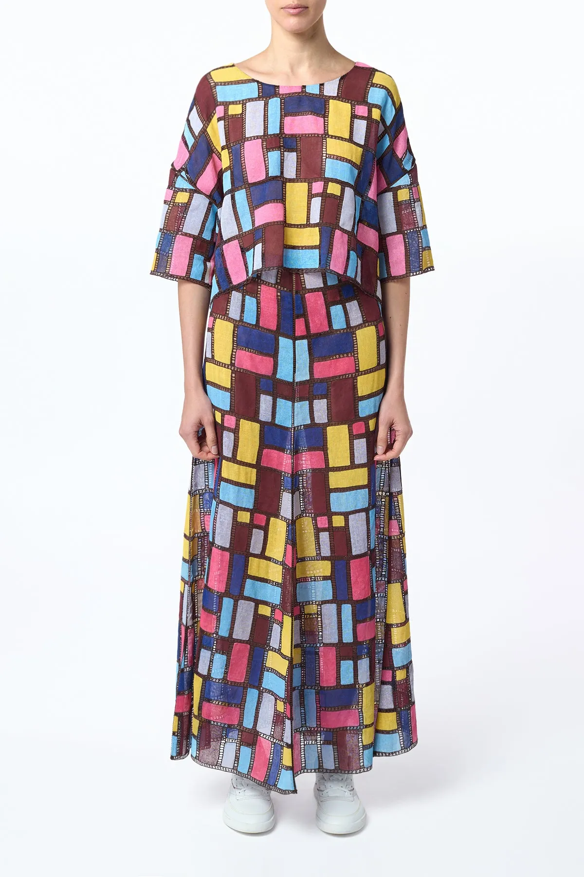 Selma Patchwork Embroidered Maxi Skirt in Aurora Multi Linen MachineWashable HighDensityWeave