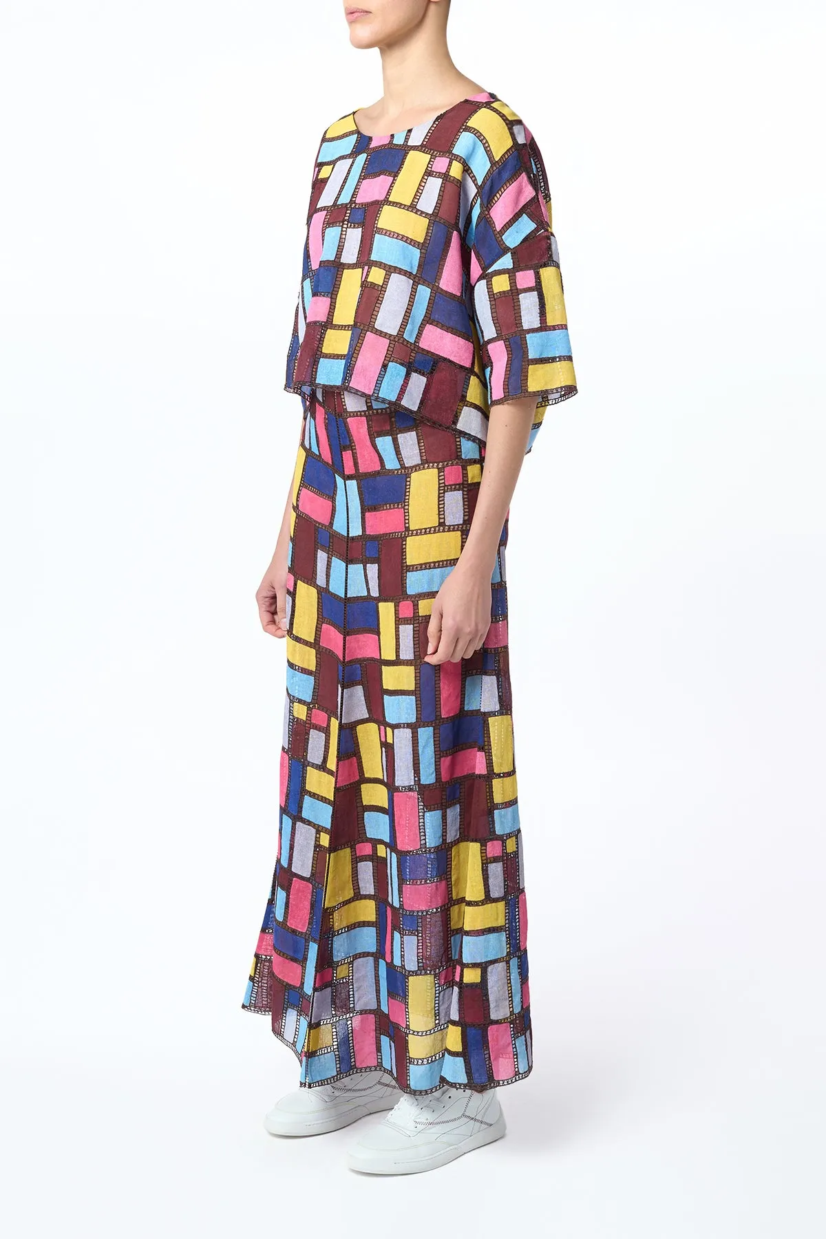 Selma Patchwork Embroidered Maxi Skirt in Aurora Multi Linen AbrasionResistant Fabric StainResistant Fabric