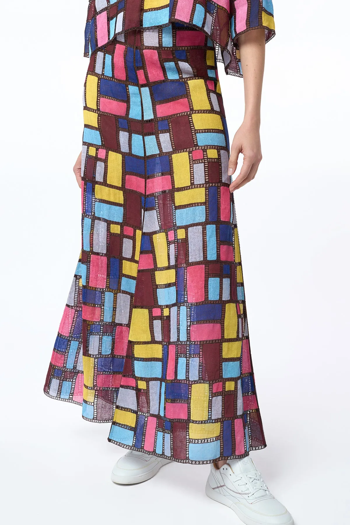 Selma Patchwork Embroidered Maxi Skirt in Aurora Multi Linen Fresh Ease Crown Fit