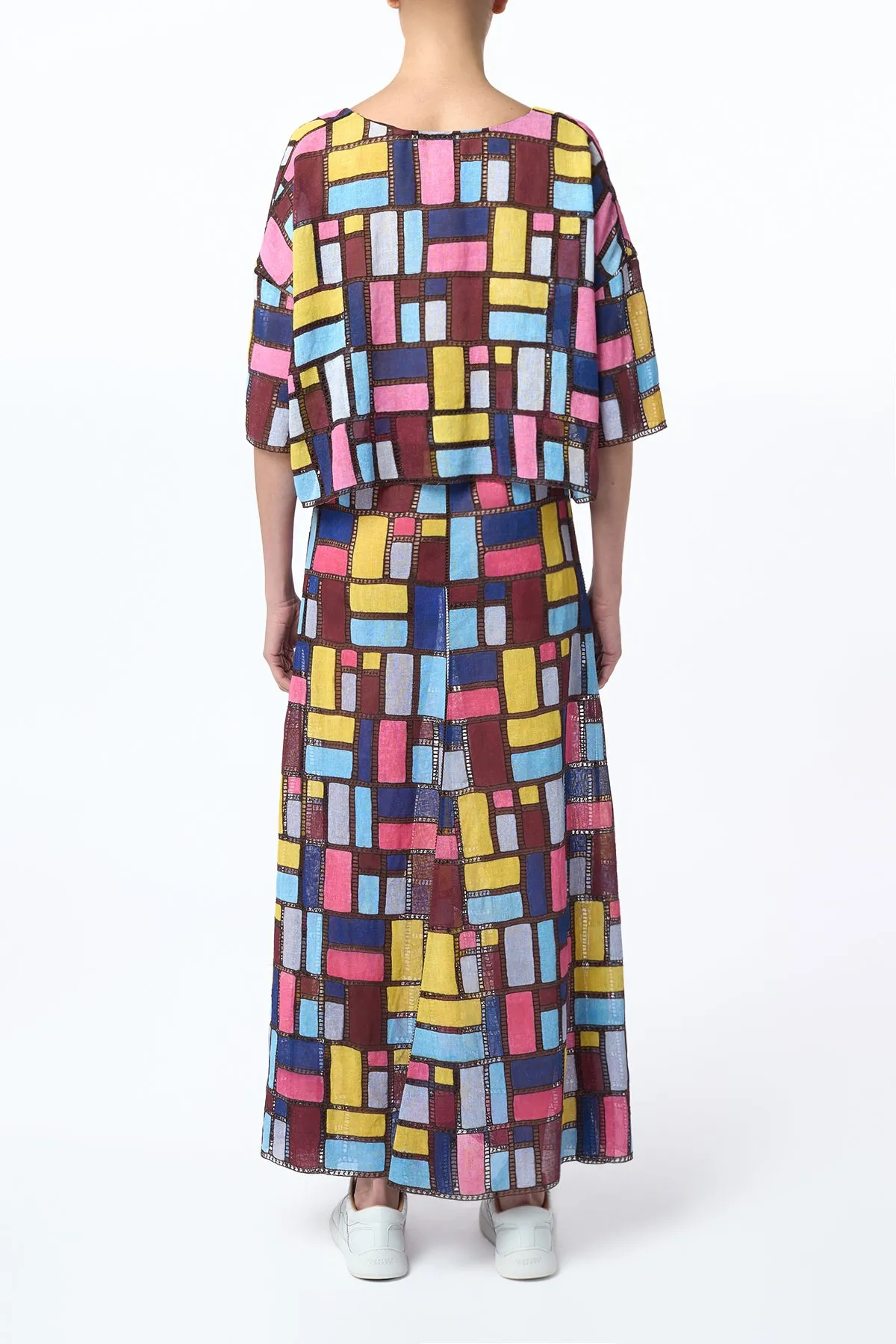 Selma Patchwork Embroidered Maxi Skirt in Aurora Multi Linen Daytime Look smooth zipper