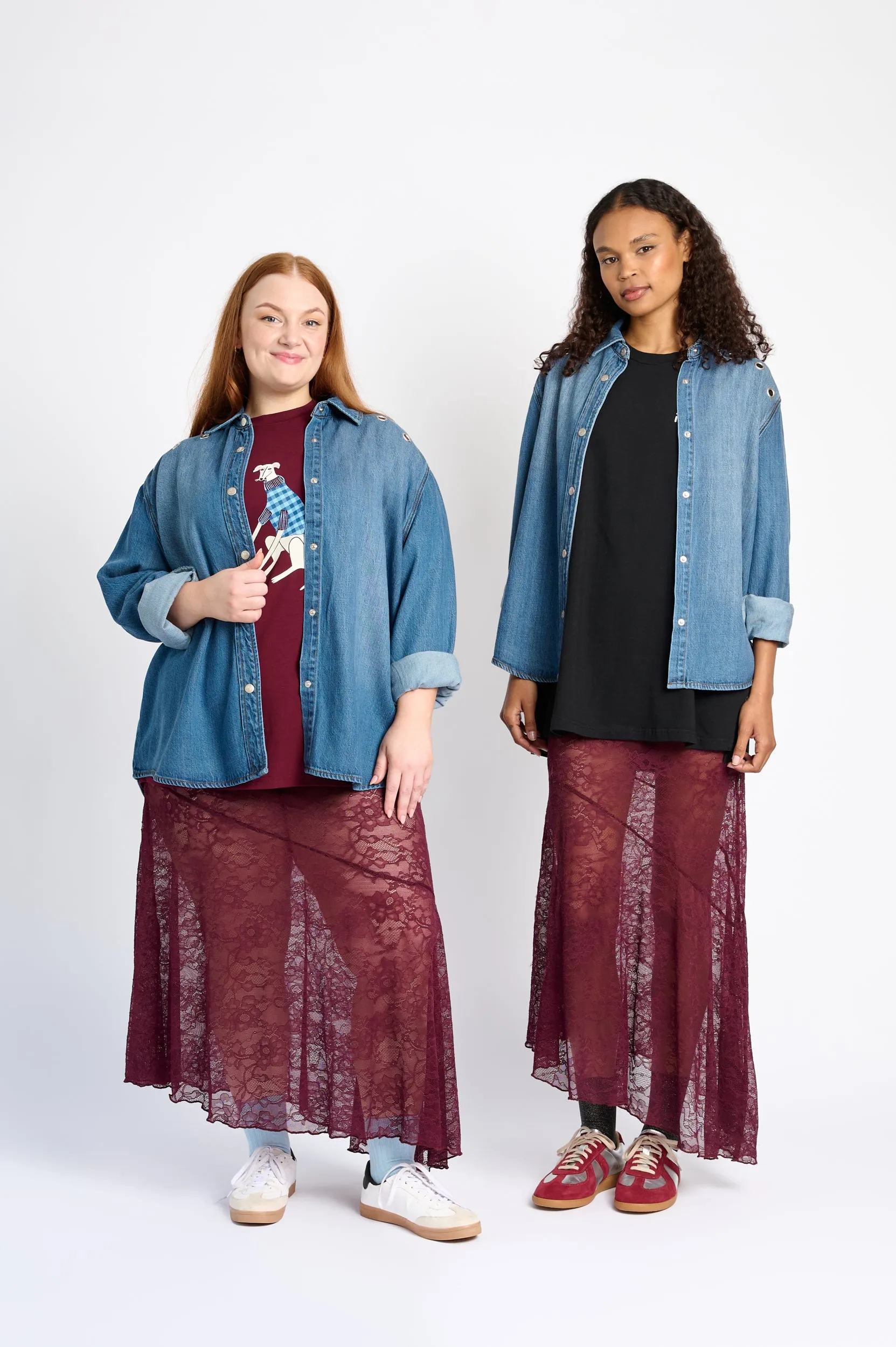 Asymmetrical Hem Lace Skirt in Burgundy Scalloped Edge