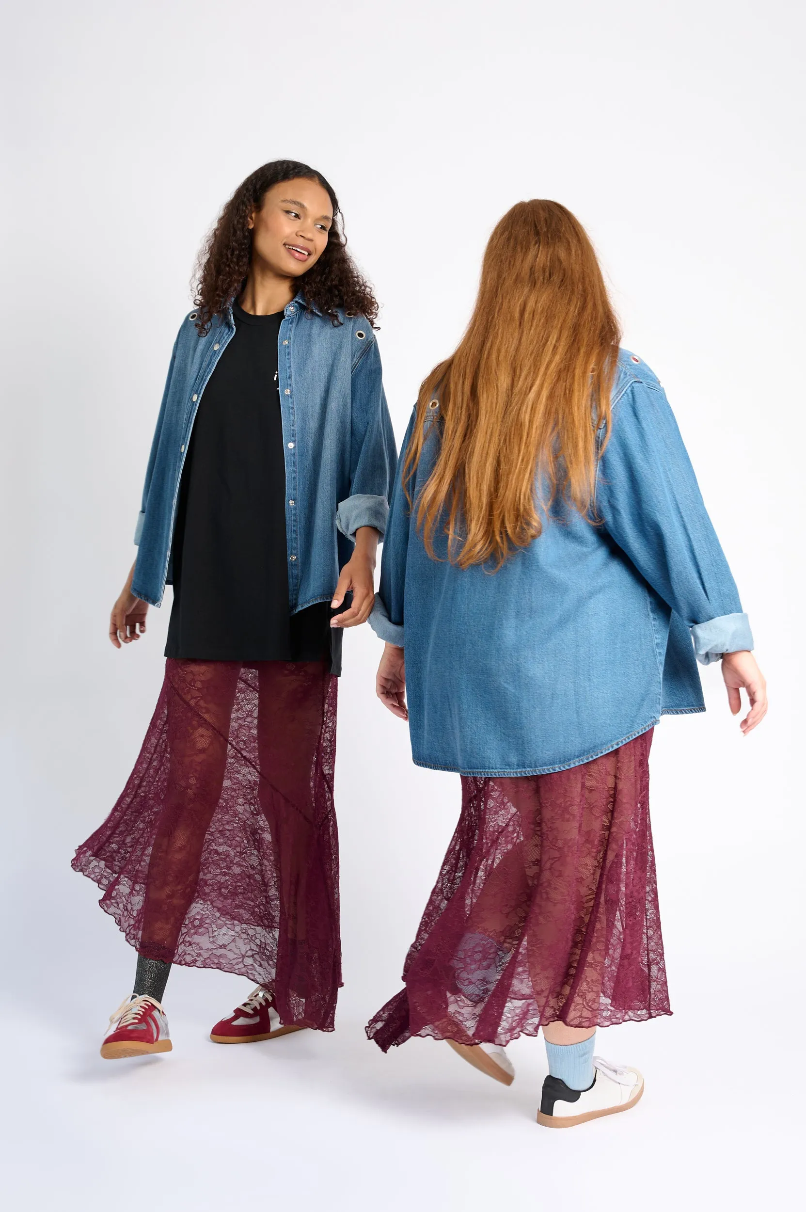 Asymmetrical Hem Lace Skirt in Burgundy Silk Touch