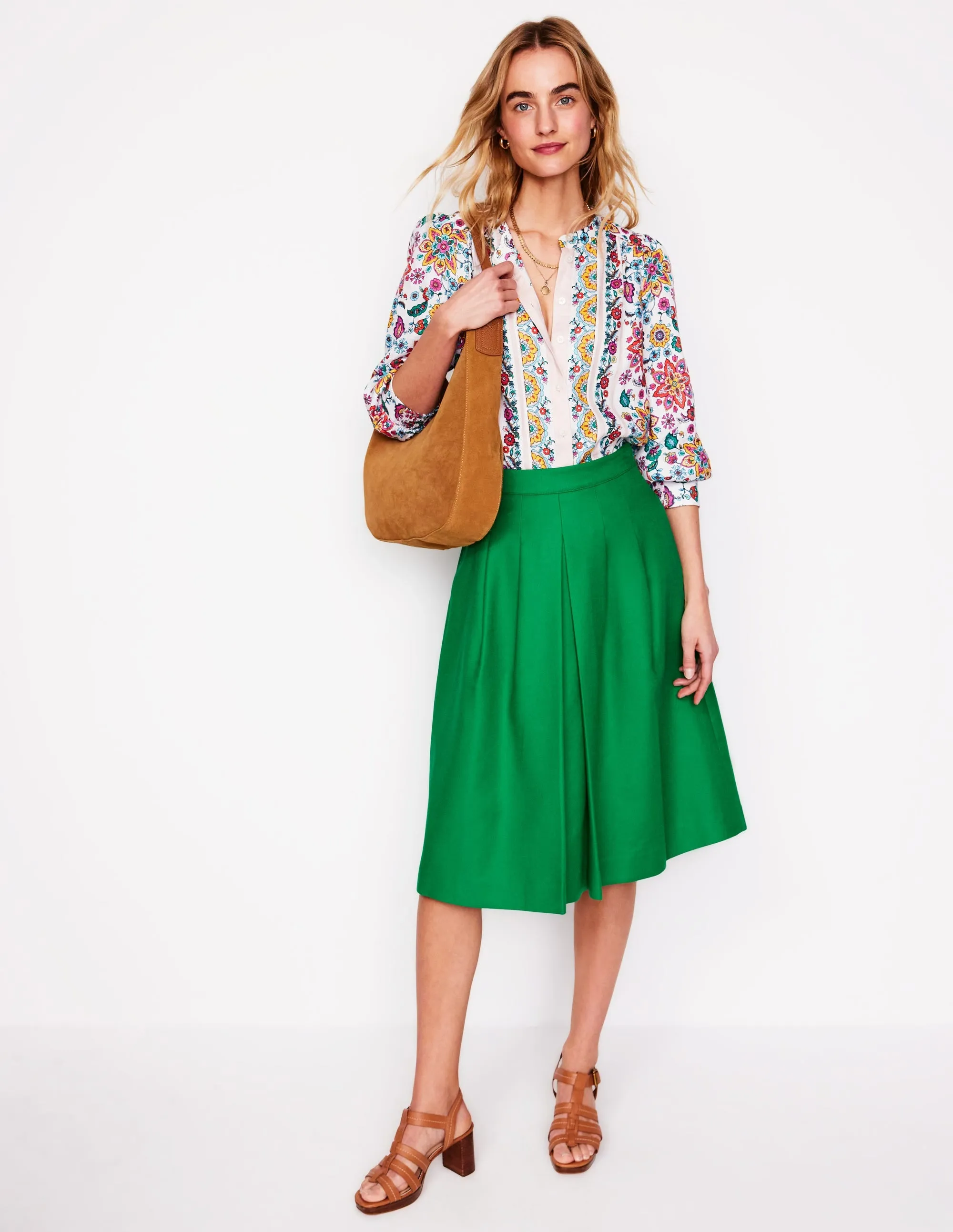 Pleat Detail Midi Skirt-Rich Emerald Soft Outfit All Season Wear