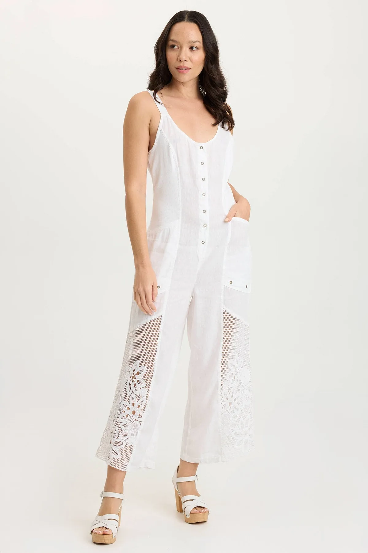 Nairi Linen/Crochet Mesh Contrast Jumpsuit LayeredConstruction Heat Safe