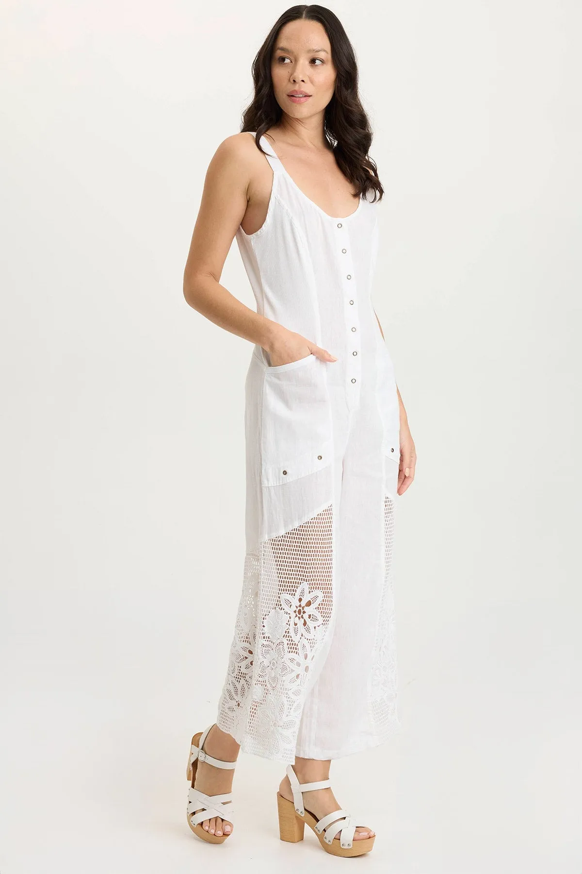 Hero Fit Mature Charm Nairi Linen/Crochet Mesh Contrast Jumpsuit