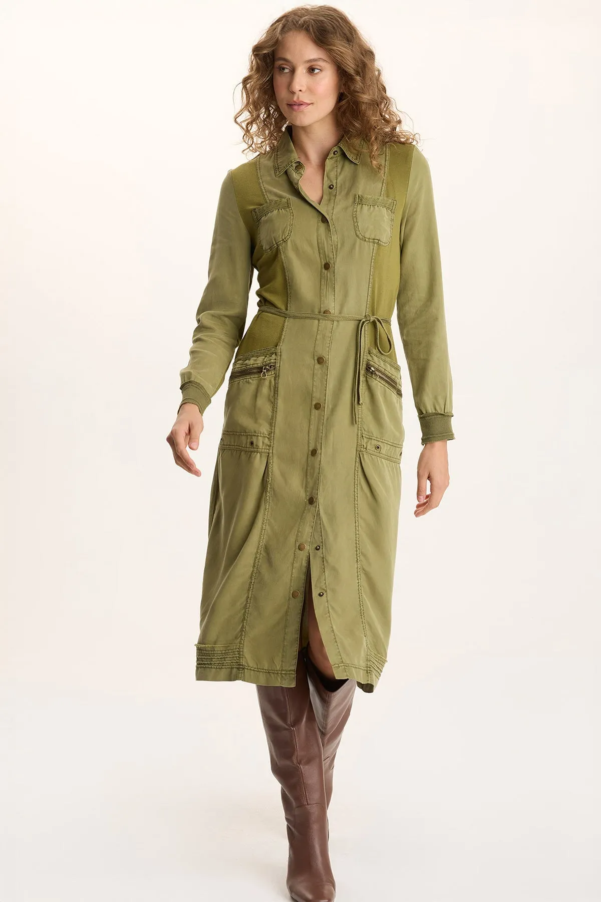 RollUp Sleeves Oksana Twill/Jersey Snap-Up Midi Dress