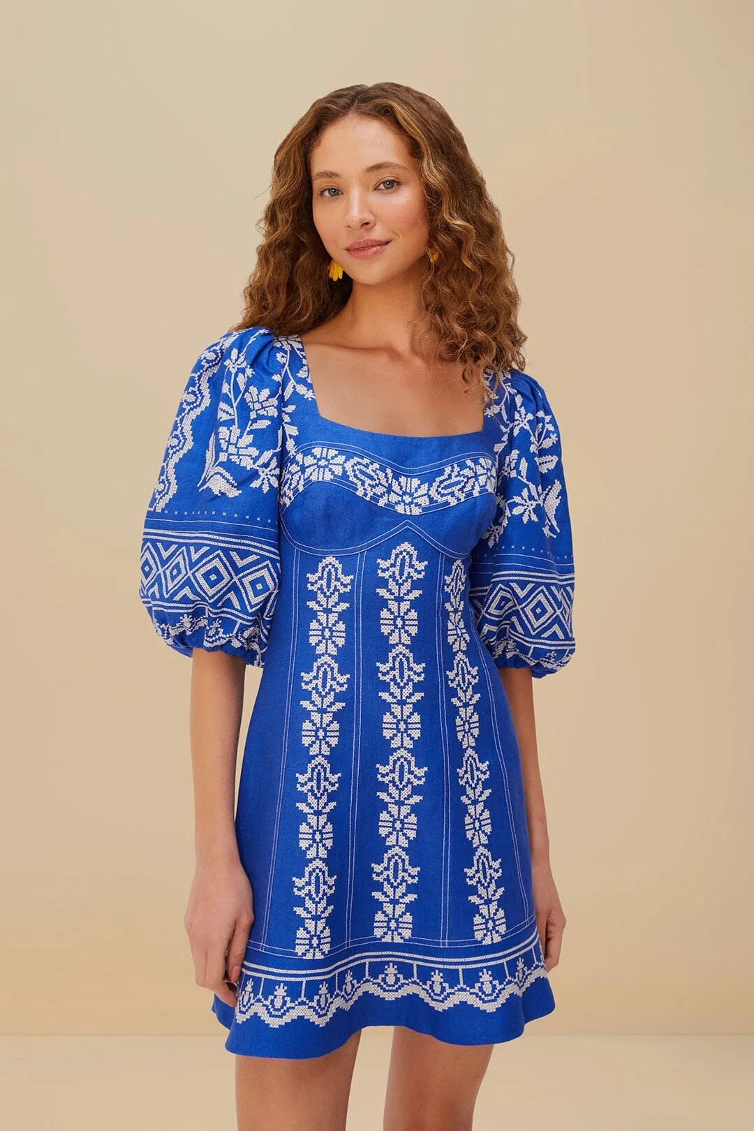 Blue Tropical Cross Stitch Euroflax? Premium Linen Mini Dress Hypoallergenic fabric Flatlock Seams