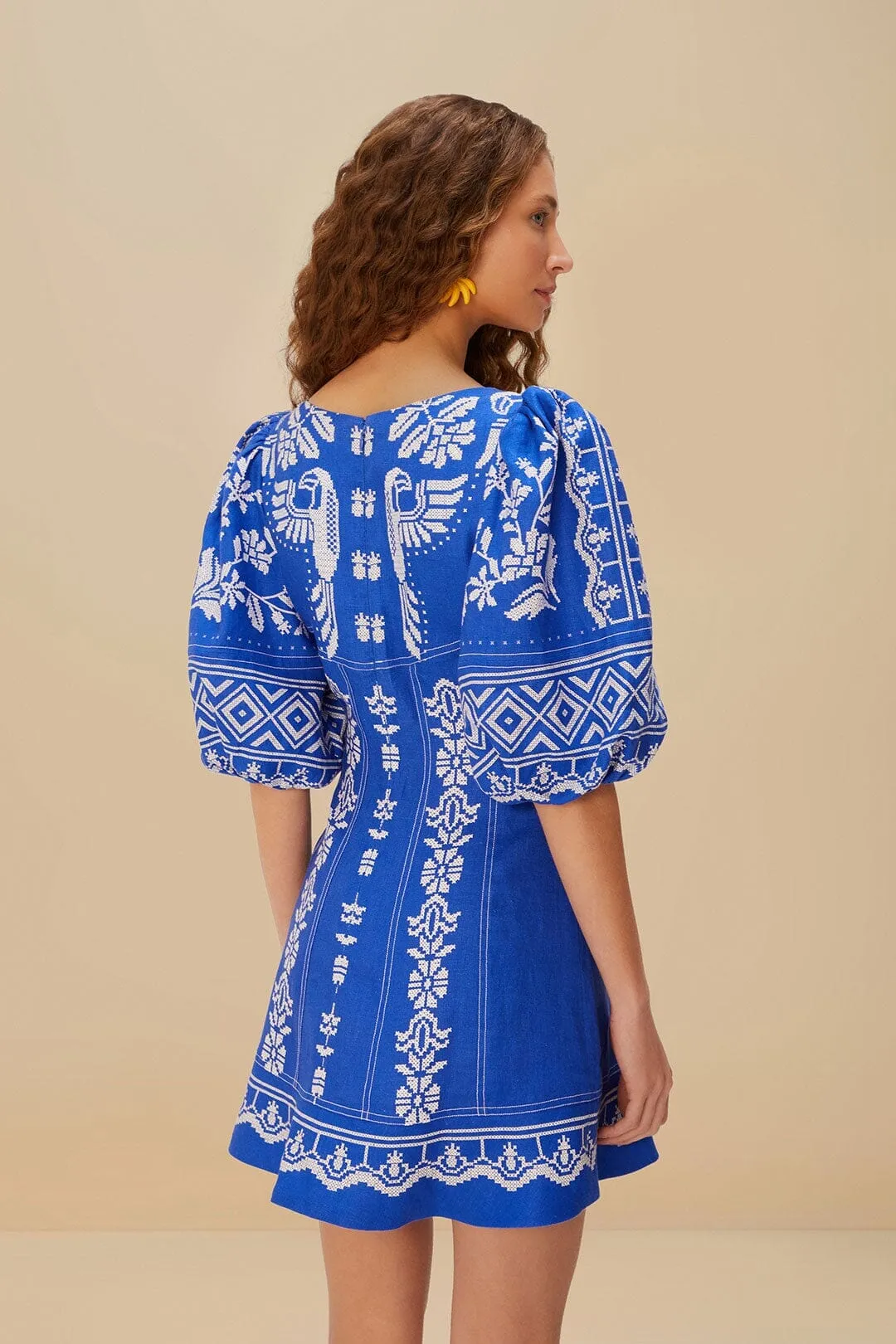 Fun Glam Reinforced Hemline Blue Tropical Cross Stitch Euroflax? Premium Linen Mini Dress