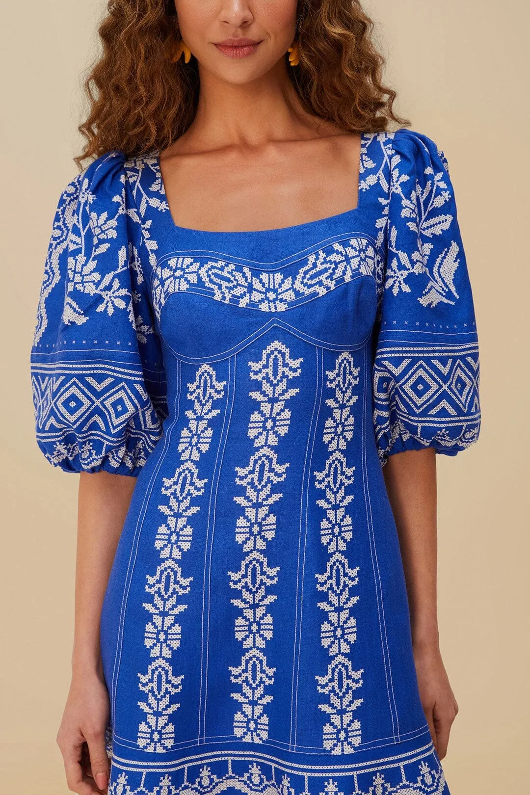 Blue Tropical Cross Stitch Euroflax? Premium Linen Mini Dress Reinforced Hemline Smart Casual