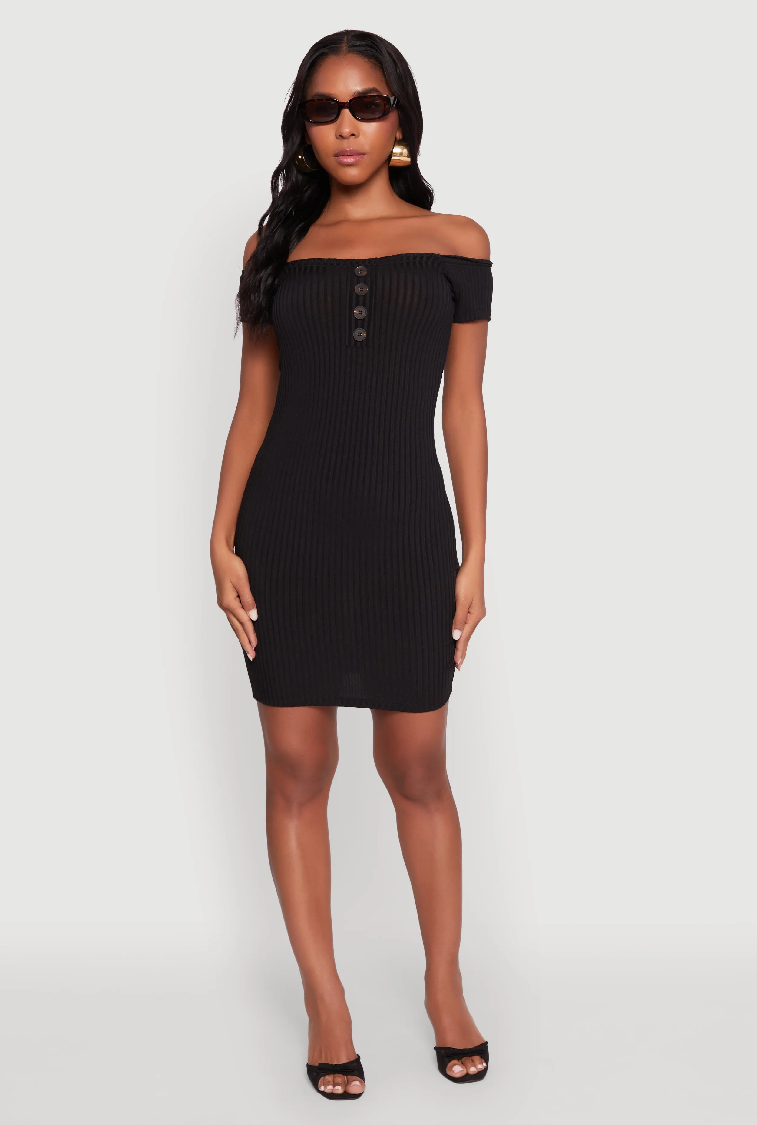 Scene Soft Rib Knit Faux Button Off Shoulder Bodycon Dress