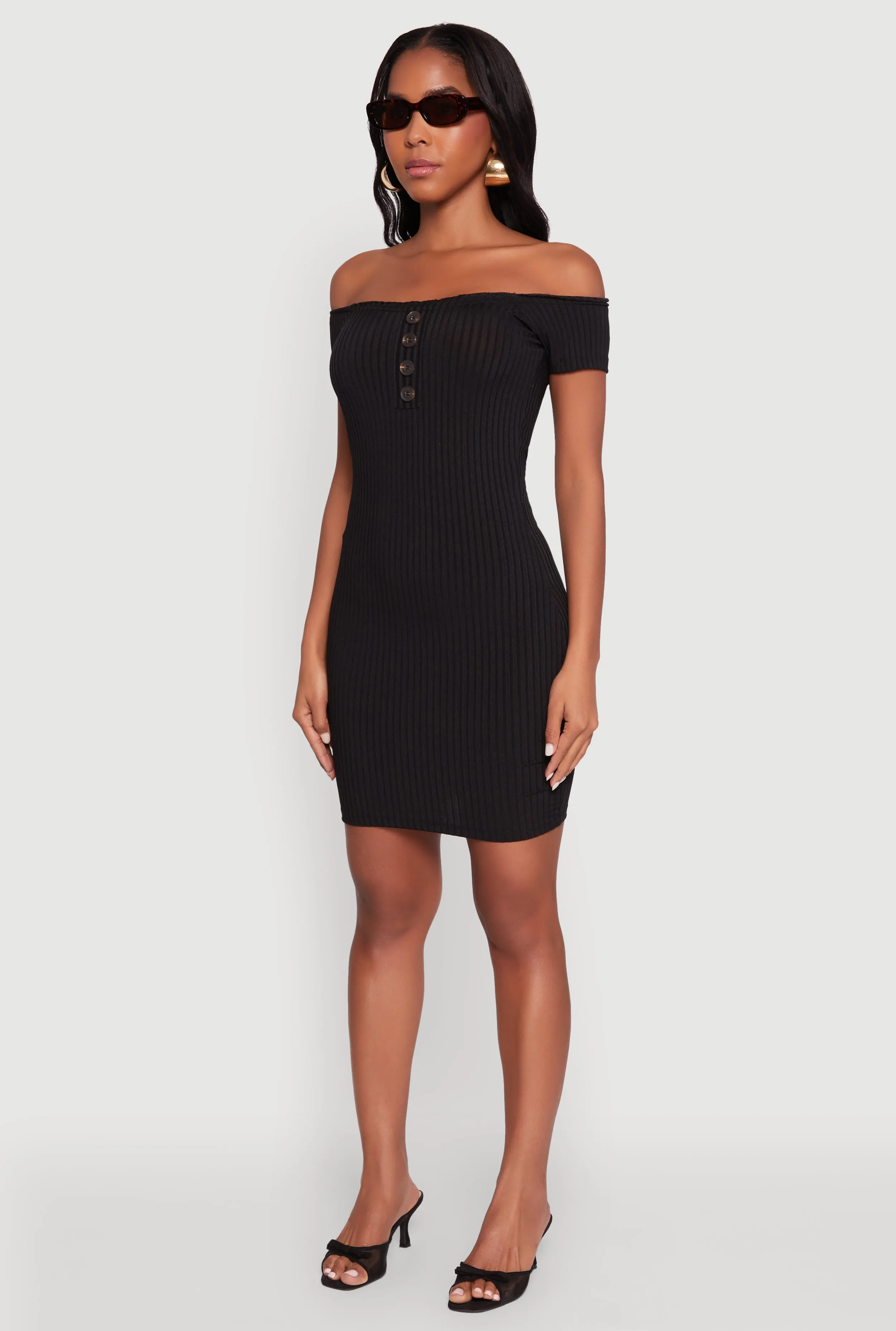 Playful Style Trend Light Rib Knit Faux Button Off Shoulder Bodycon Dress