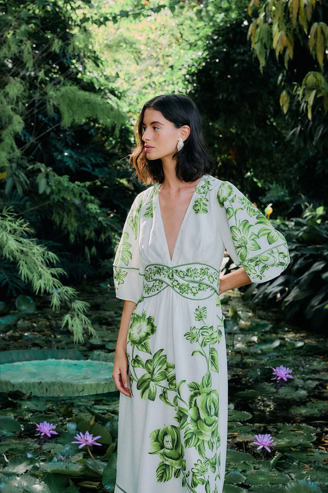 Off-White Green Floral Cascade LENZING? ECOVERO? Euroflax? Midi Dress Romantic casual midi