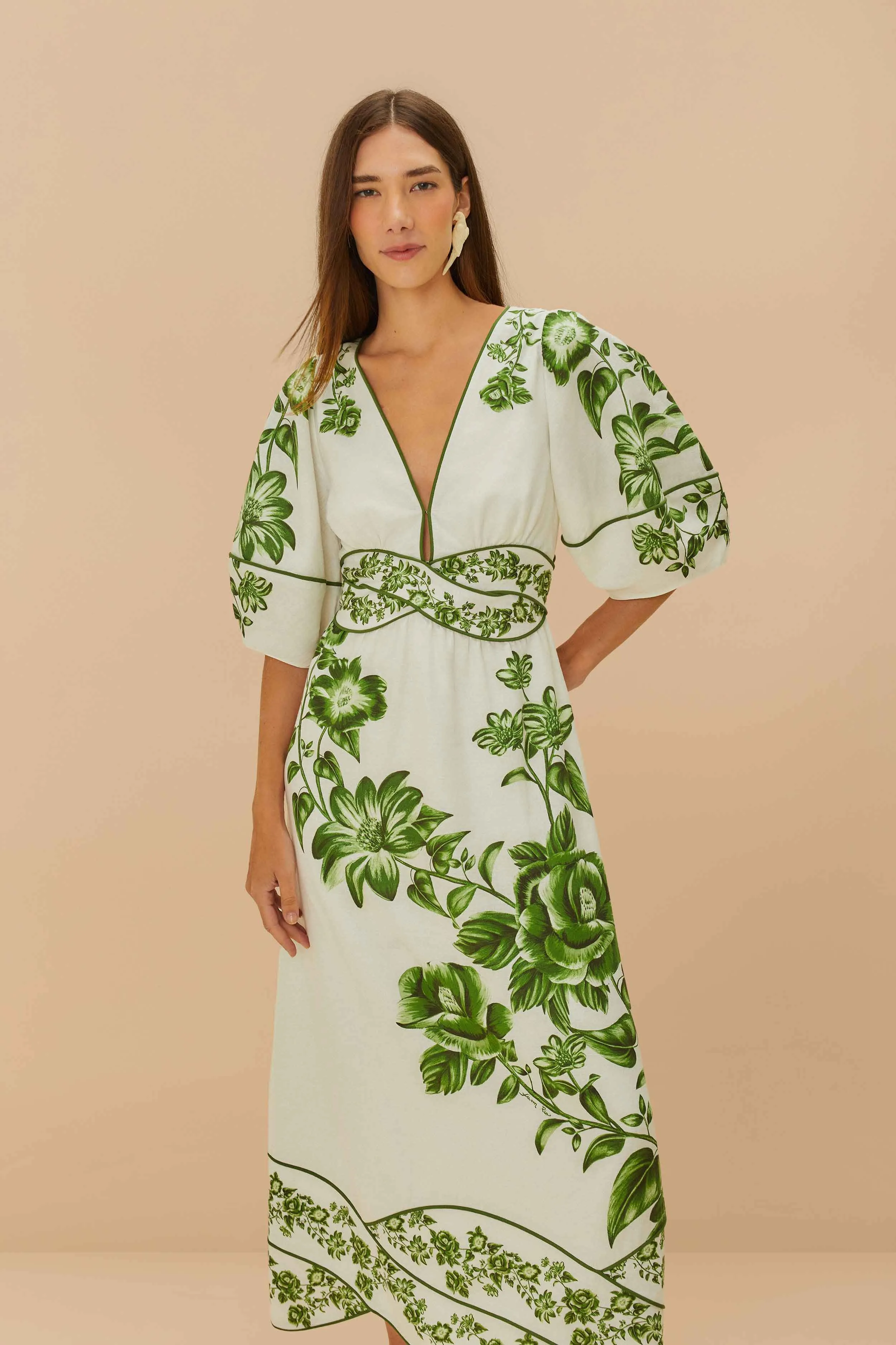 Wool Warm Off-White Green Floral Cascade LENZING? ECOVERO? Euroflax? Midi Dress