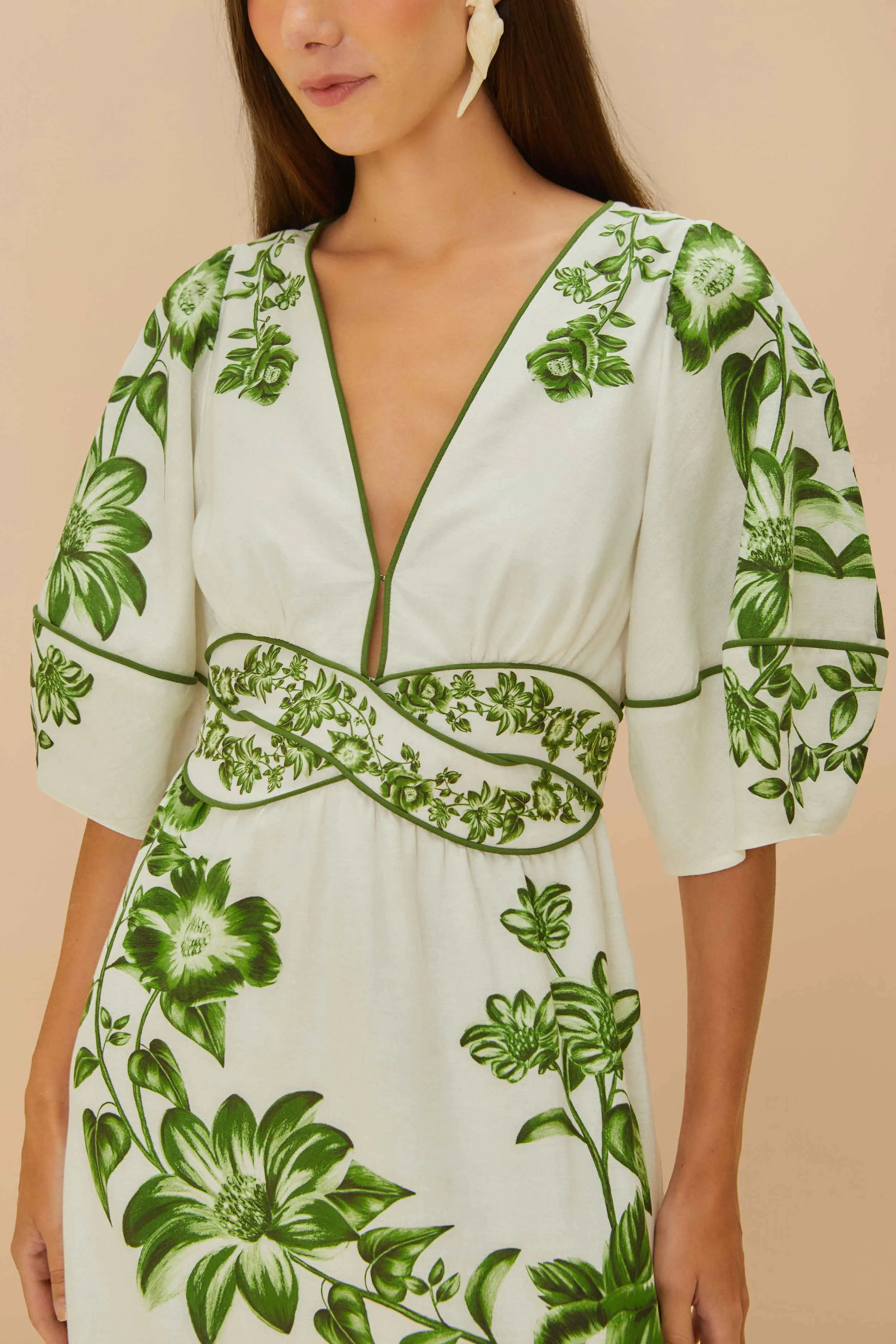 Morning Stroll Off-White Green Floral Cascade LENZING? ECOVERO? Euroflax? Midi Dress