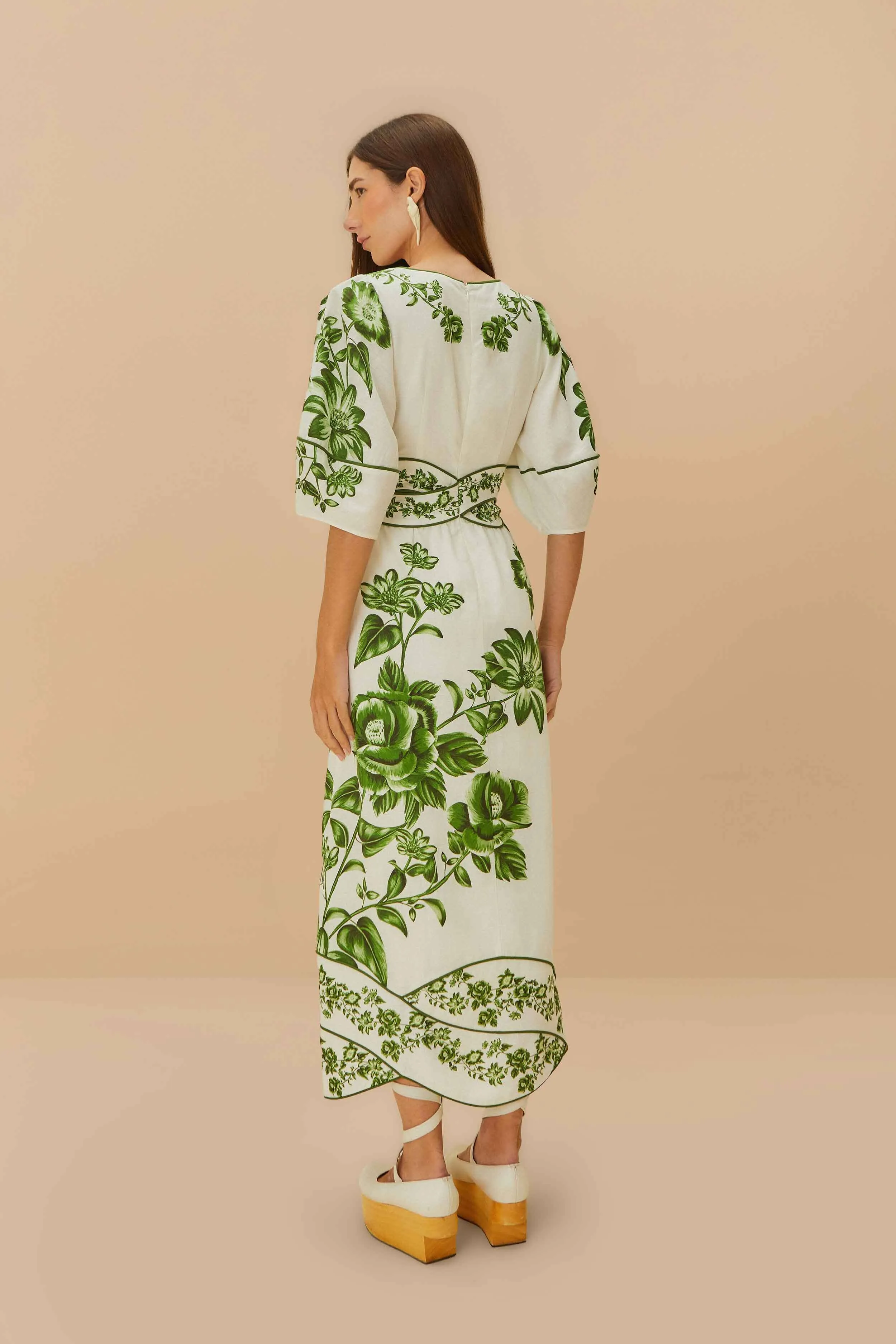 Moon View Flattering wear Off-White Green Floral Cascade LENZING? ECOVERO? Euroflax? Midi Dress