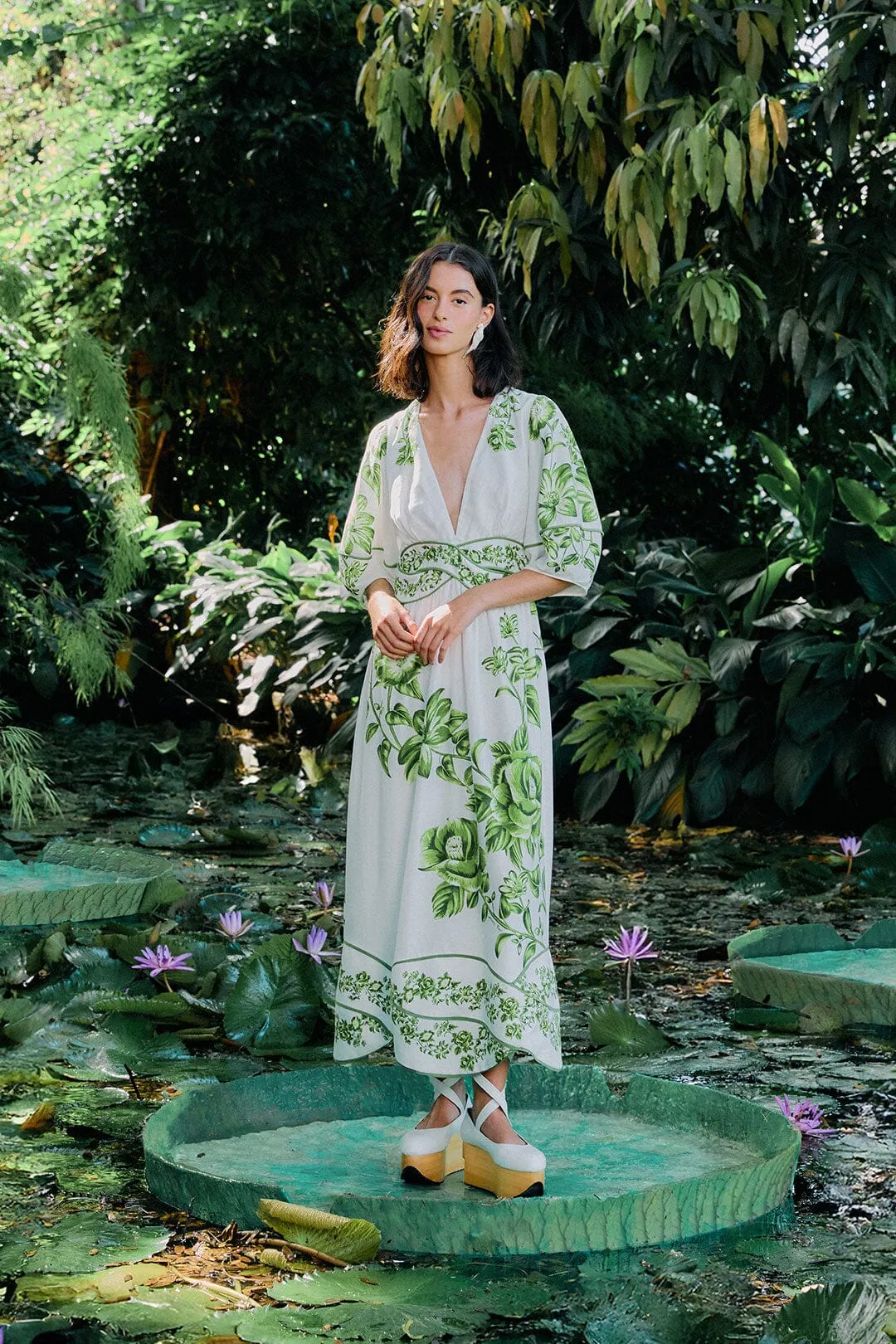 Off-White Green Floral Cascade LENZING? ECOVERO? Euroflax? Midi Dress Sea View Self Love