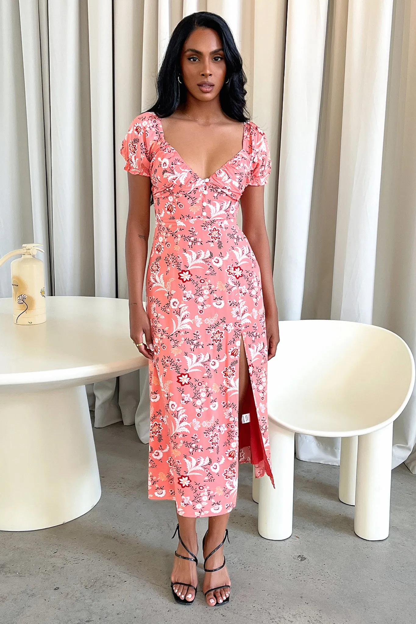 Solem Midi Dress - Coral Pink Floral Cozy Elegance Quiet Luxury