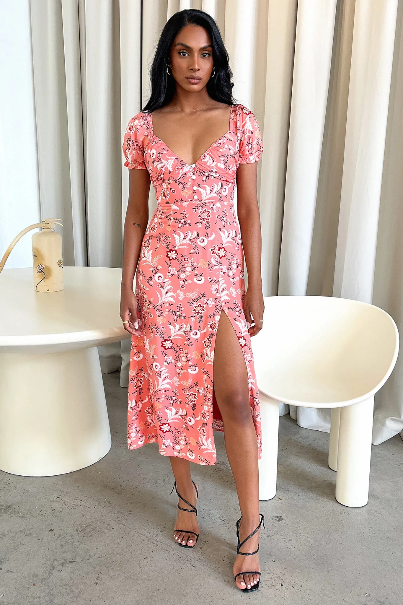 Solem Midi Dress - Coral Pink Floral VIP Area skin friendly