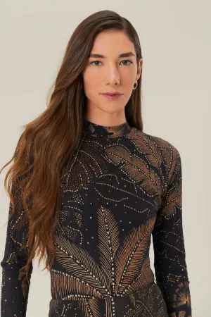 Picnic Slim Luxury Urban Black Golden Foliage Bodysuit