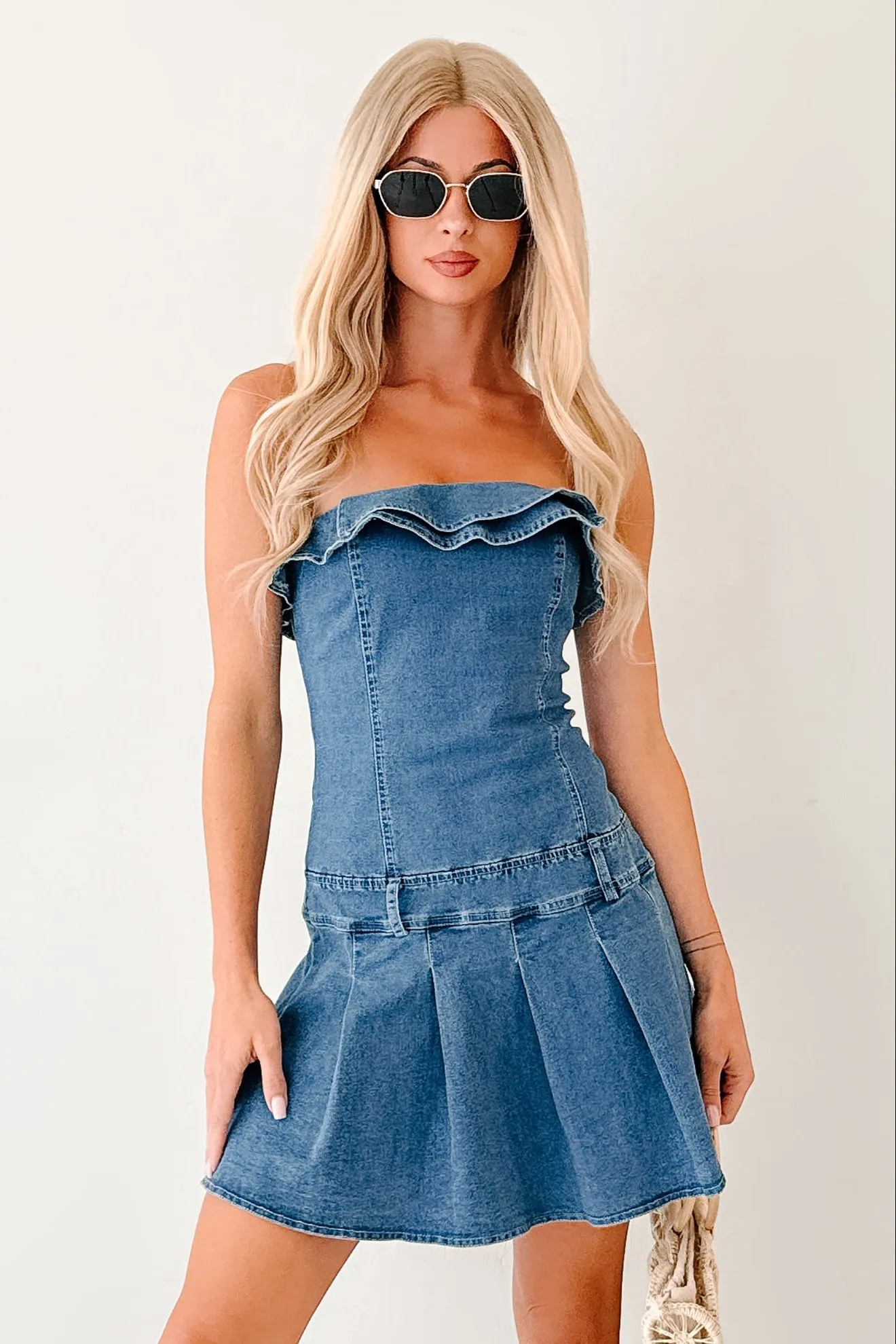 Tear Resistant Flirty casual wear Work It Out Strapless Pleated Ruffle Mini Dress (Denim)