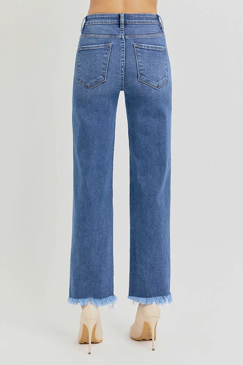 Jump Core Risen Tummy Control Fray Uneven Hem Straight Jeans
