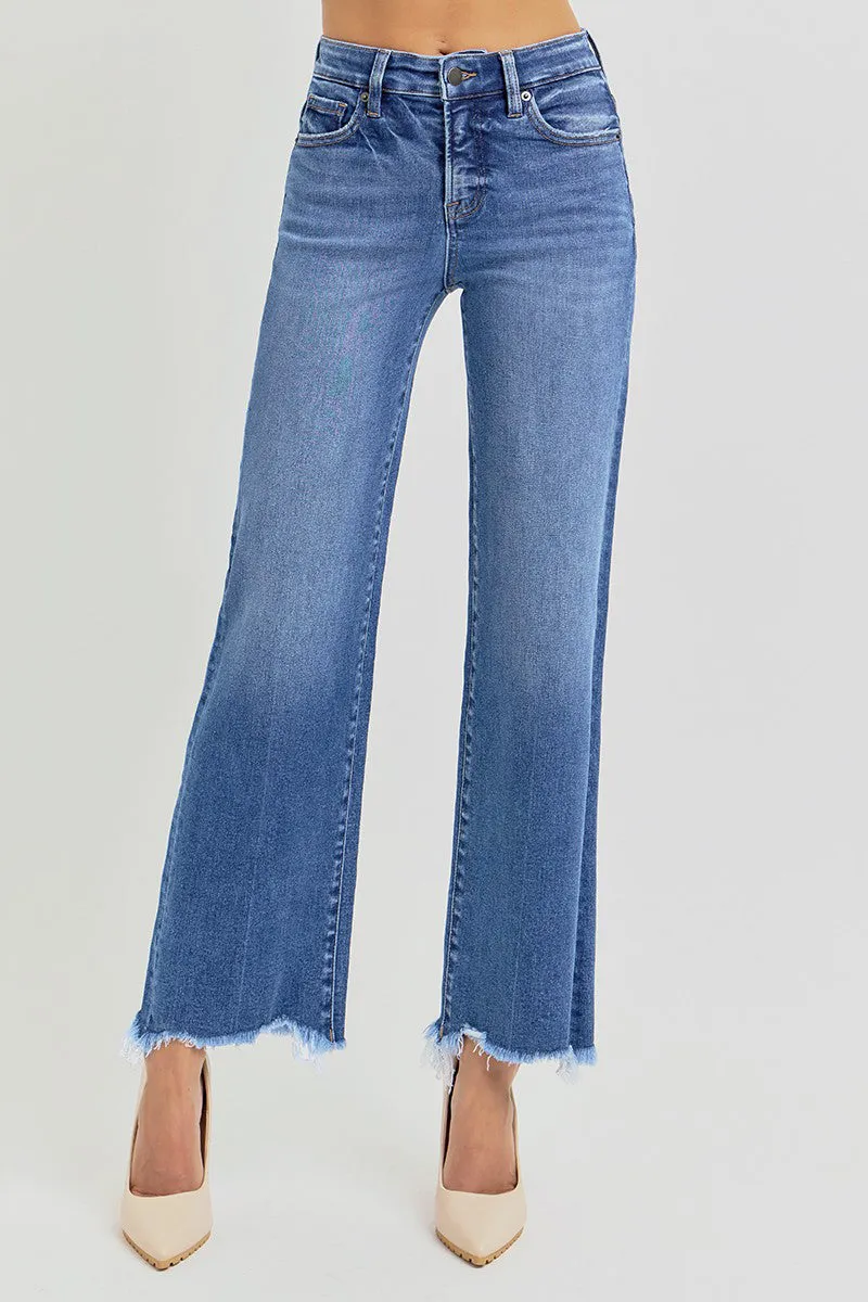 Style Mood Risen Tummy Control Fray Uneven Hem Straight Jeans