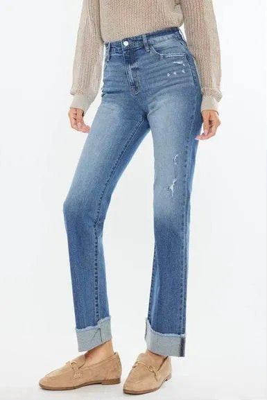 HighElasticity Fiber Kan Can High Rise Medium Wash Distress Cuffed Straight Jeans