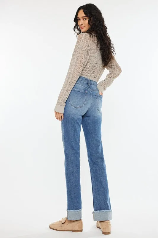 Kan Can High Rise Medium Wash Distress Cuffed Straight Jeans Global Edge AntiStaticTechnology