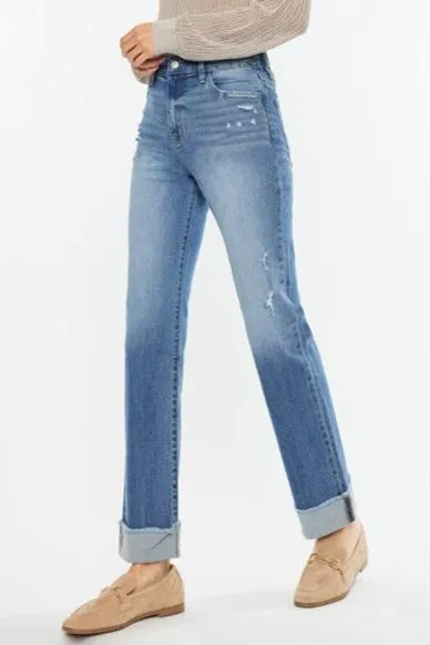 Fairy Mood Kan Can High Rise Medium Wash Distress Cuffed Straight Jeans