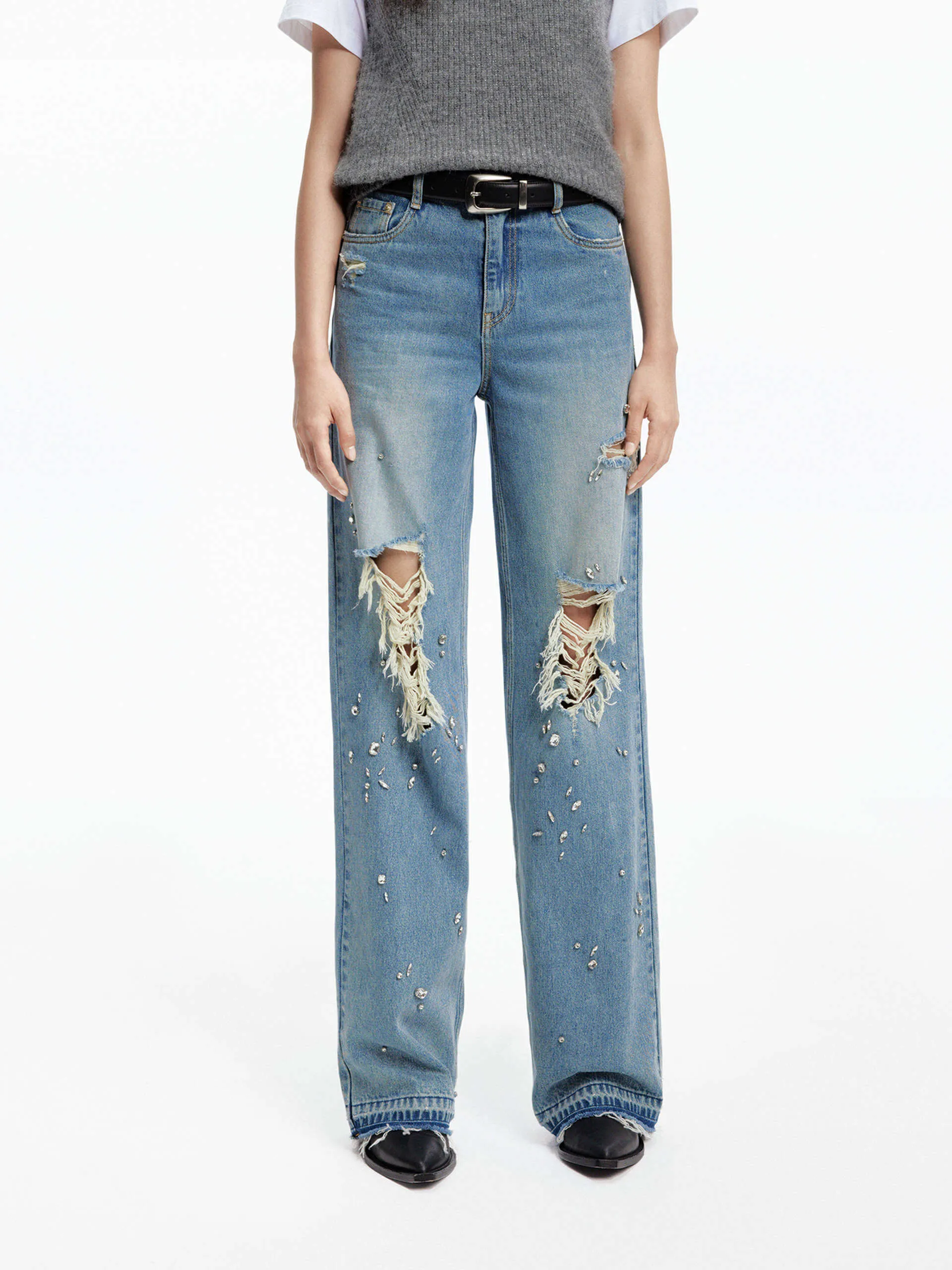 Edgy Design Crystal Detail Straight Jeans