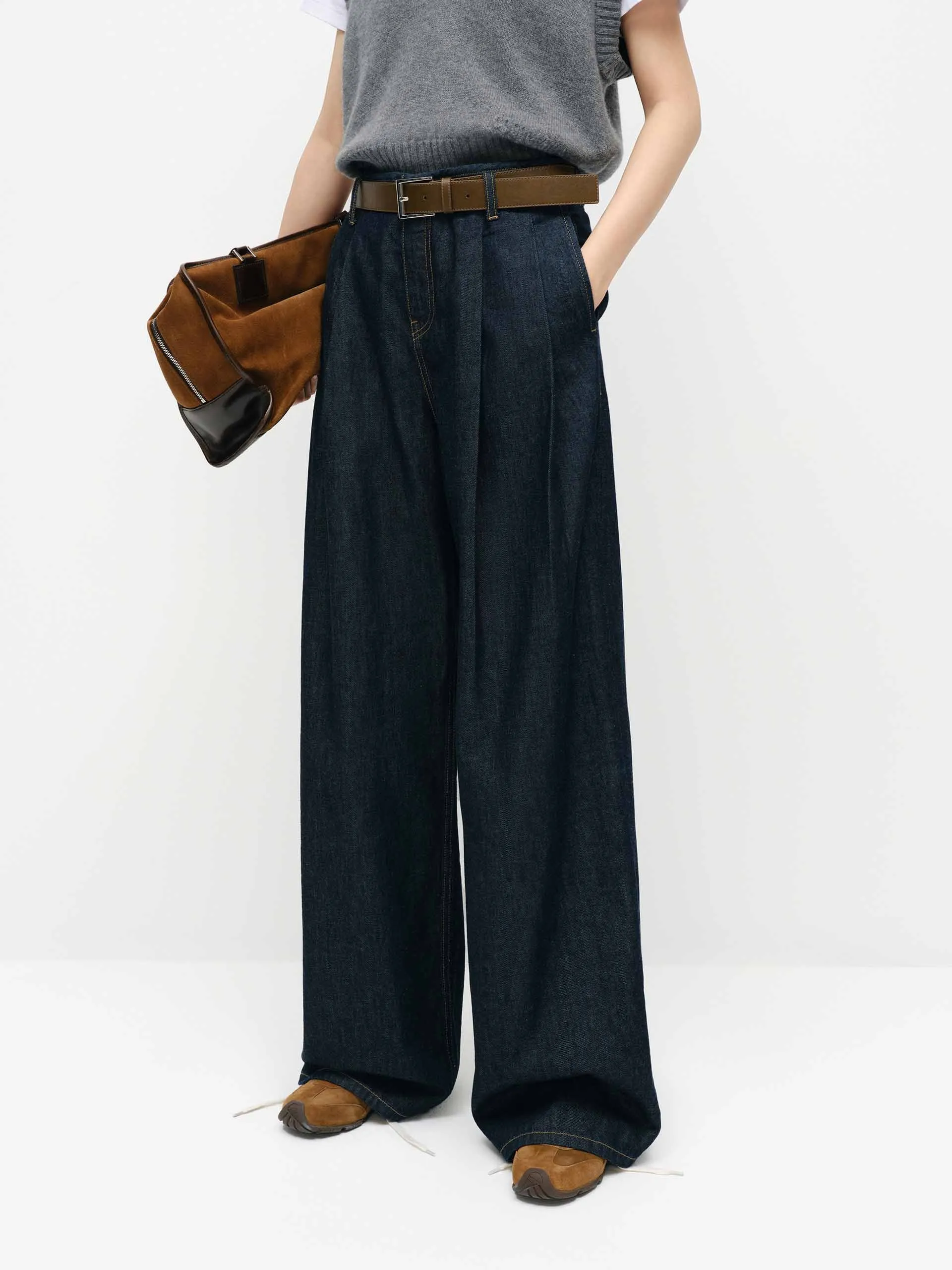 Front Pleated Straight Jeans Office Wear Modern