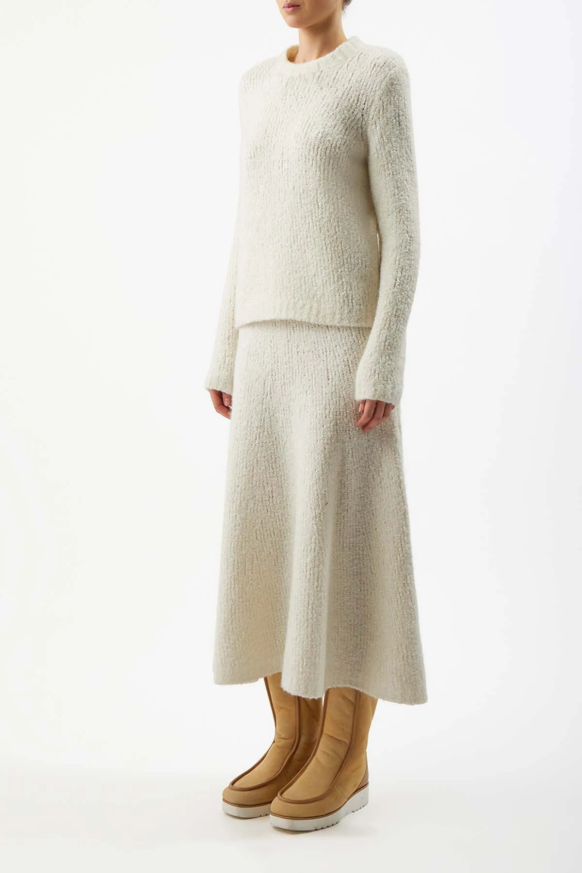 Stylish Vibe Pull On Style Pablo Knit Midi Skirt in Ivory Cashmere Silk Boucle