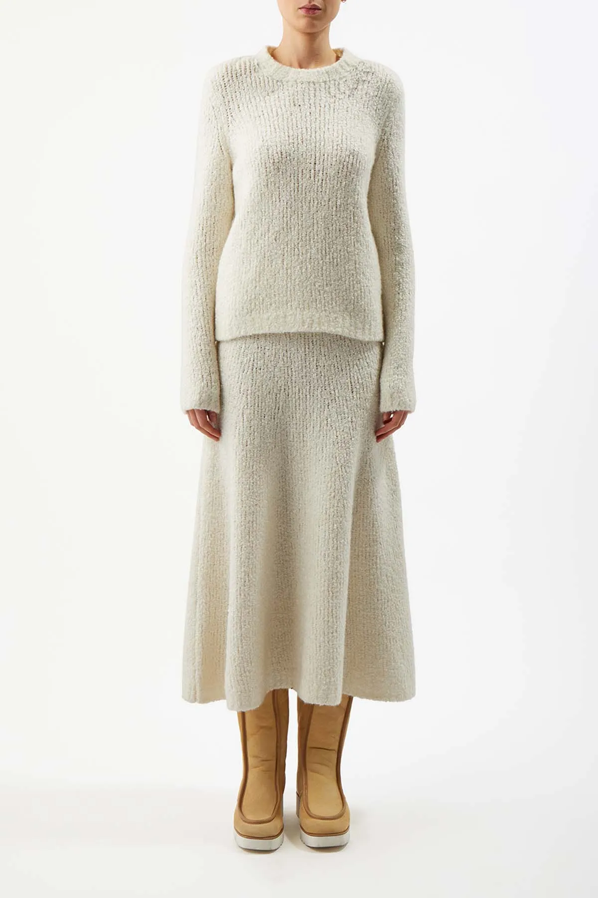 Pablo Knit Midi Skirt in Ivory Cashmere Silk Boucle Quick Wear