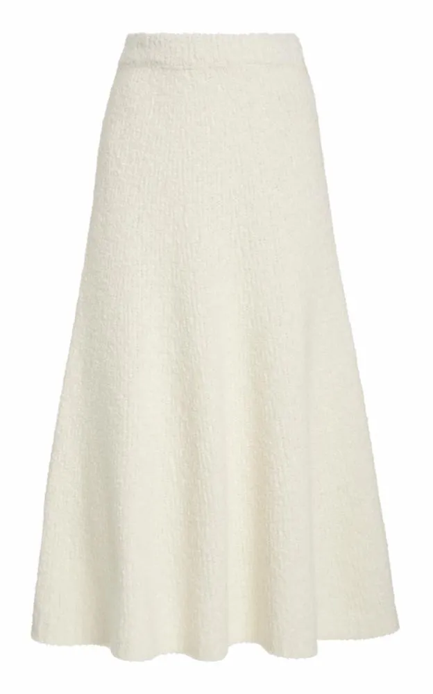 Pablo Knit Midi Skirt in Ivory Cashmere Silk Boucle Sheer Fit Strong Glow