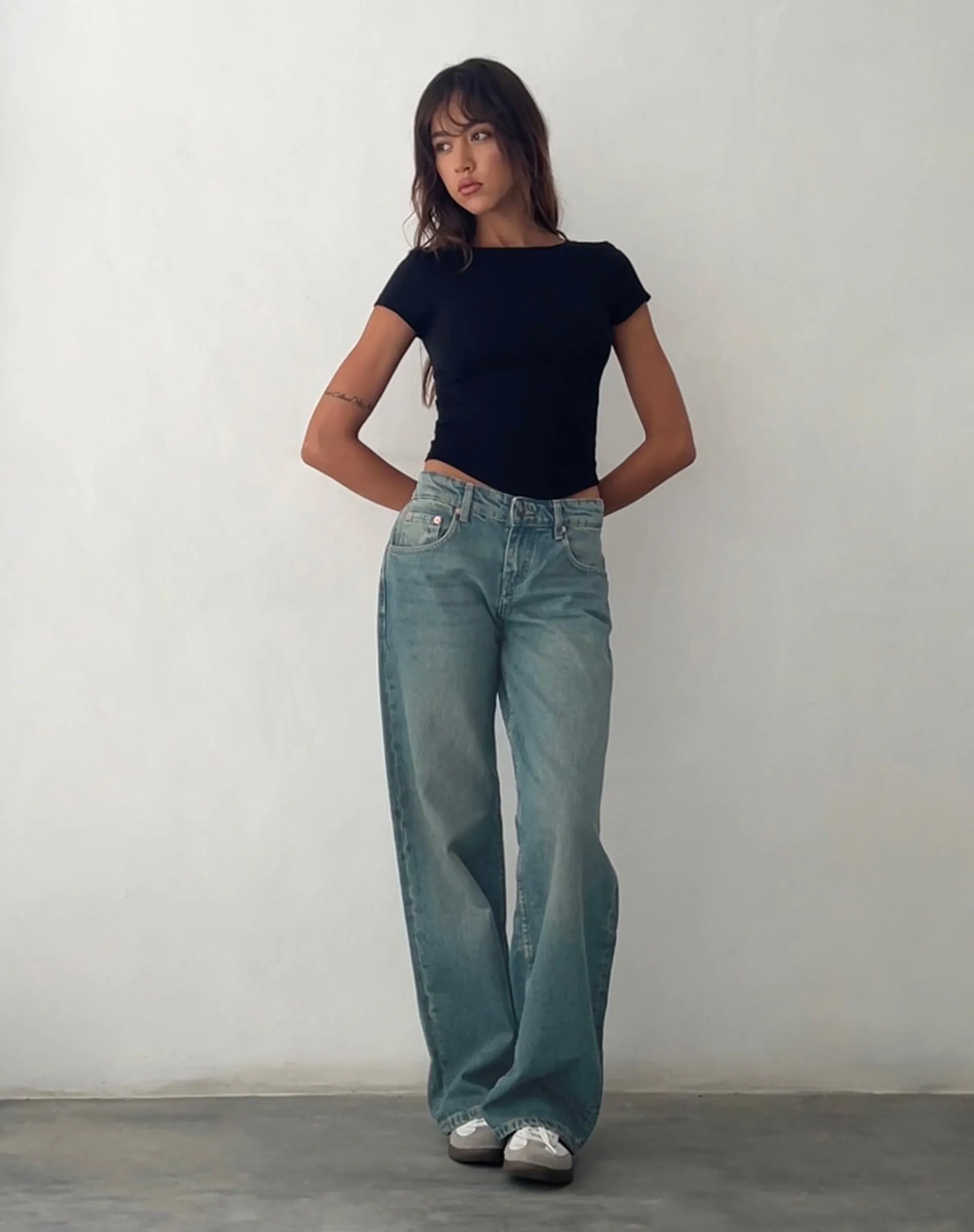 ChafeFree Design Pure Linen Blend Low Rise Parallel Jeans in Vintage Blue Green