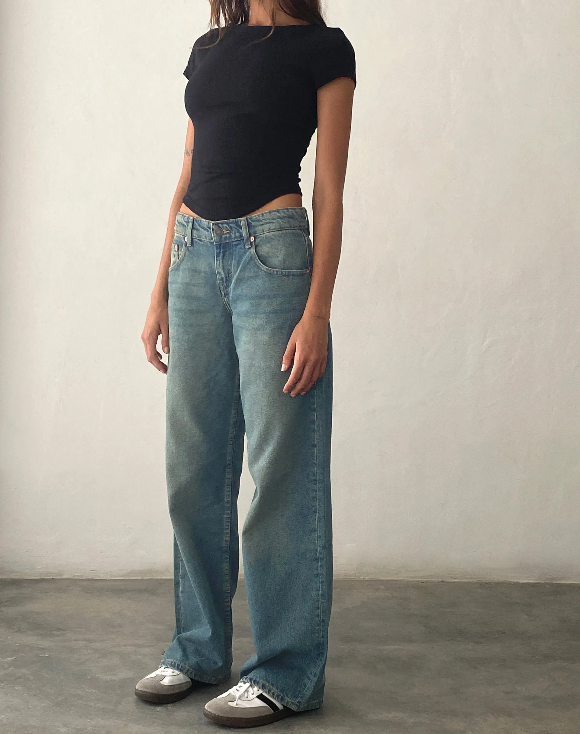 AntiStatic Material Low Rise Parallel Jeans in Vintage Blue Green