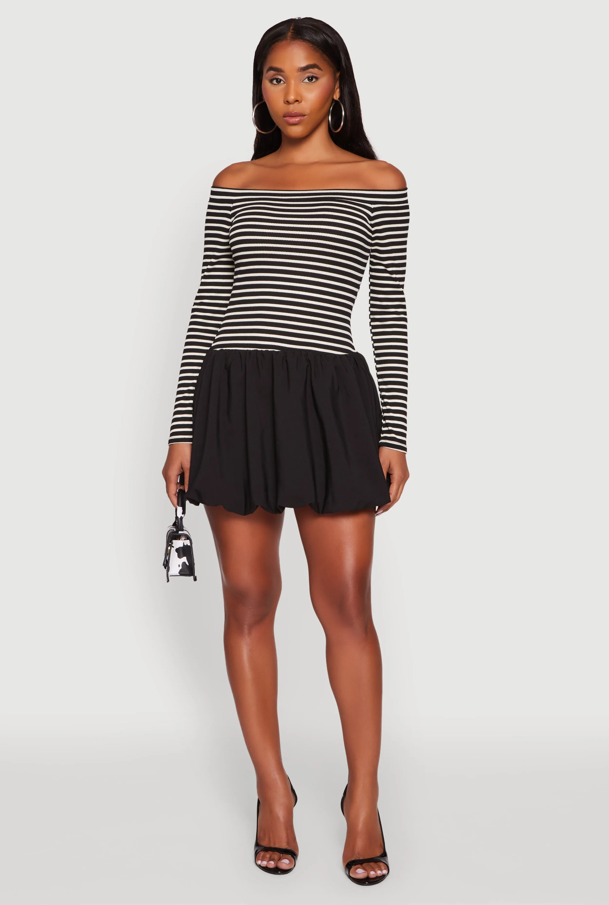Party Vibe Striped Off The Shoulder Long Sleeve Bubble Hem Dress