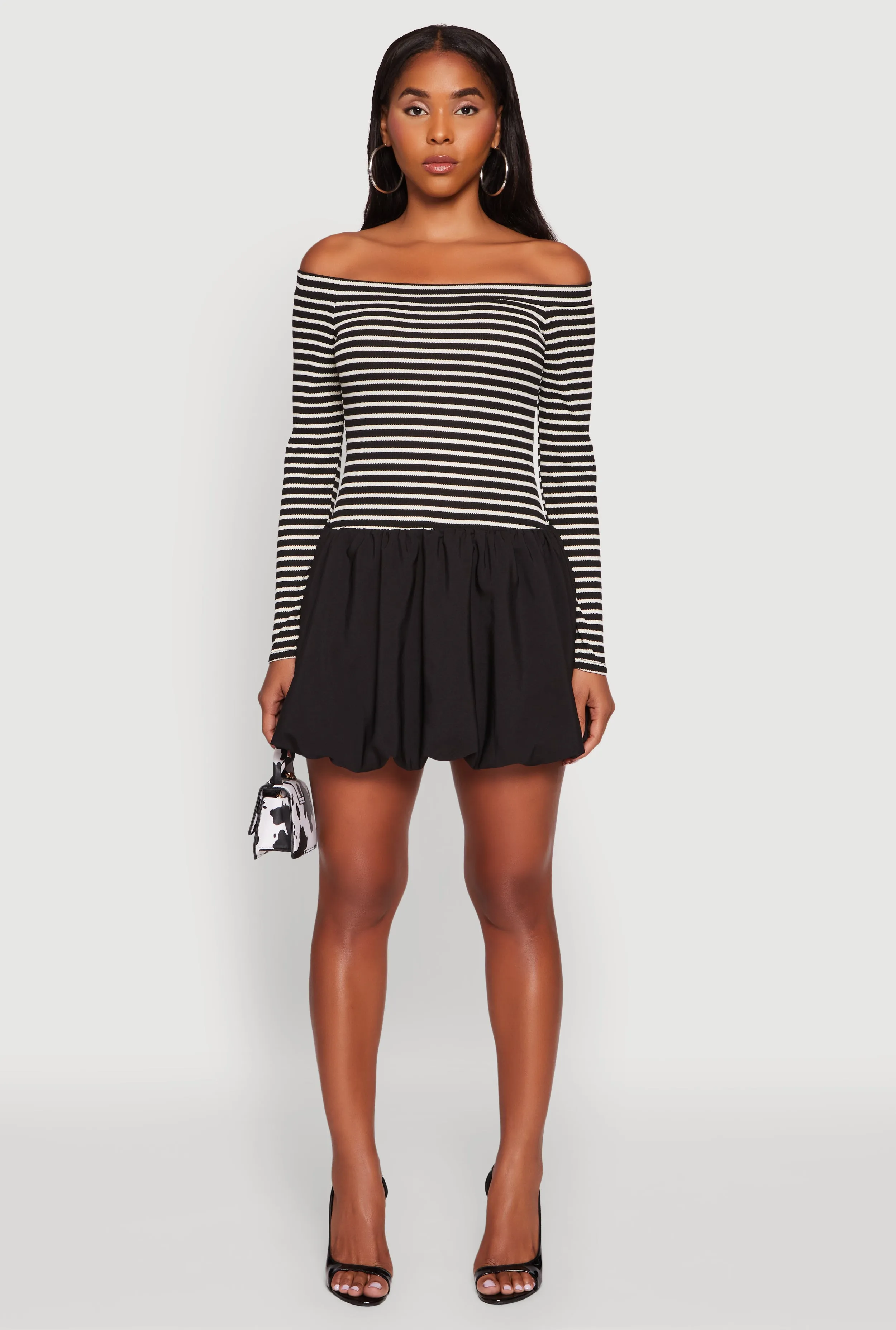 Vibrant Wear Slim Touch Striped Off The Shoulder Long Sleeve Bubble Hem Dress