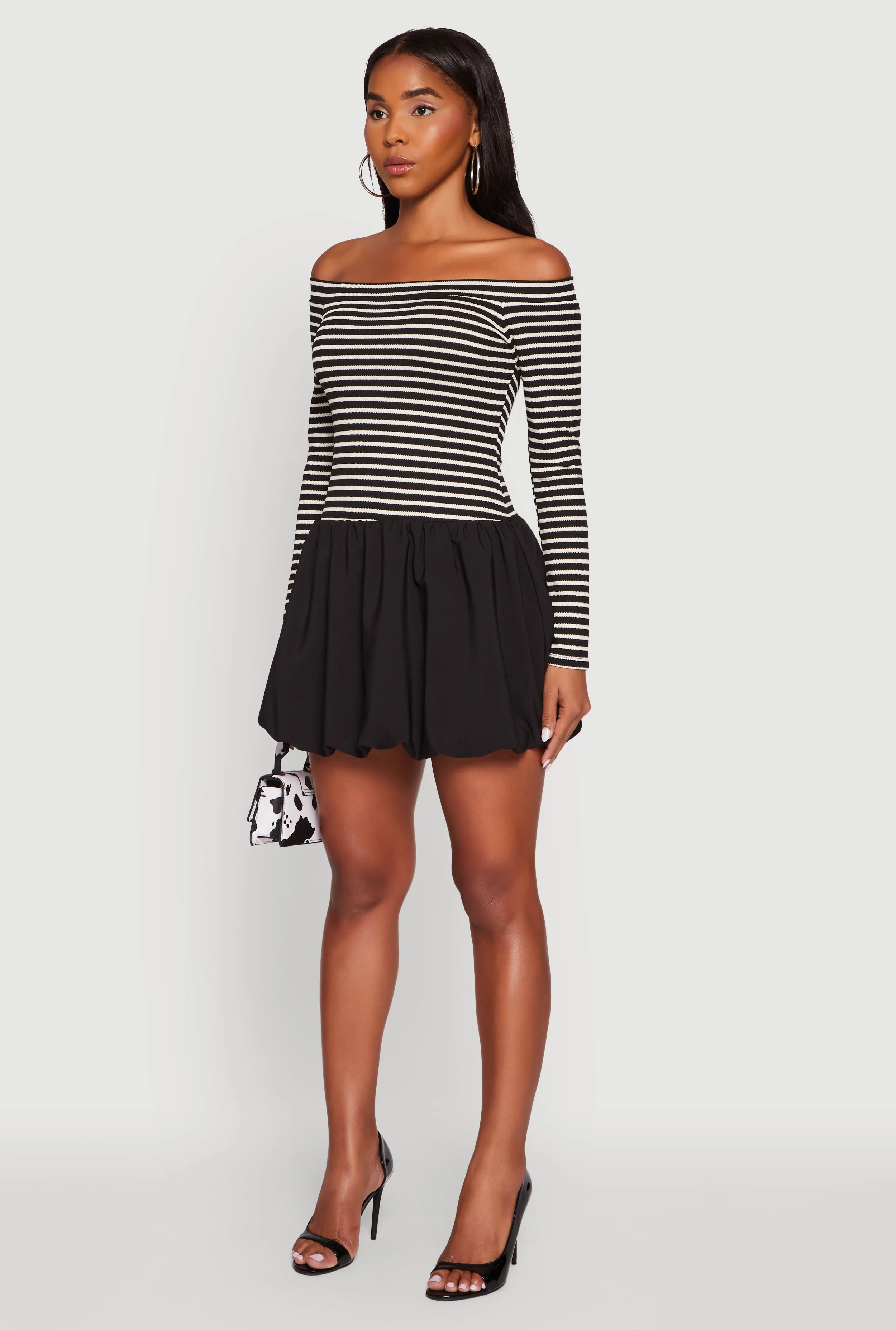 Sleek Fit Scene Cool Striped Off The Shoulder Long Sleeve Bubble Hem Dress