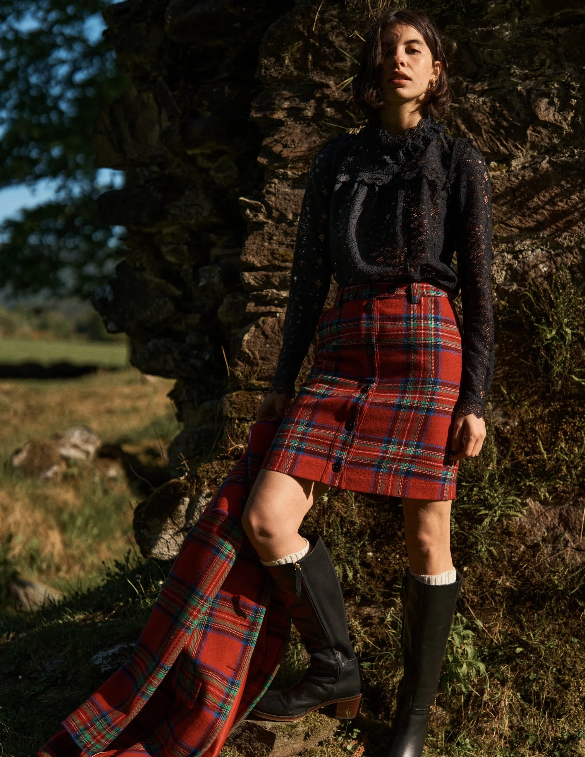 Layered Structure Animal Print Cecelia Wool Skirt-Red, Blue and Green Check