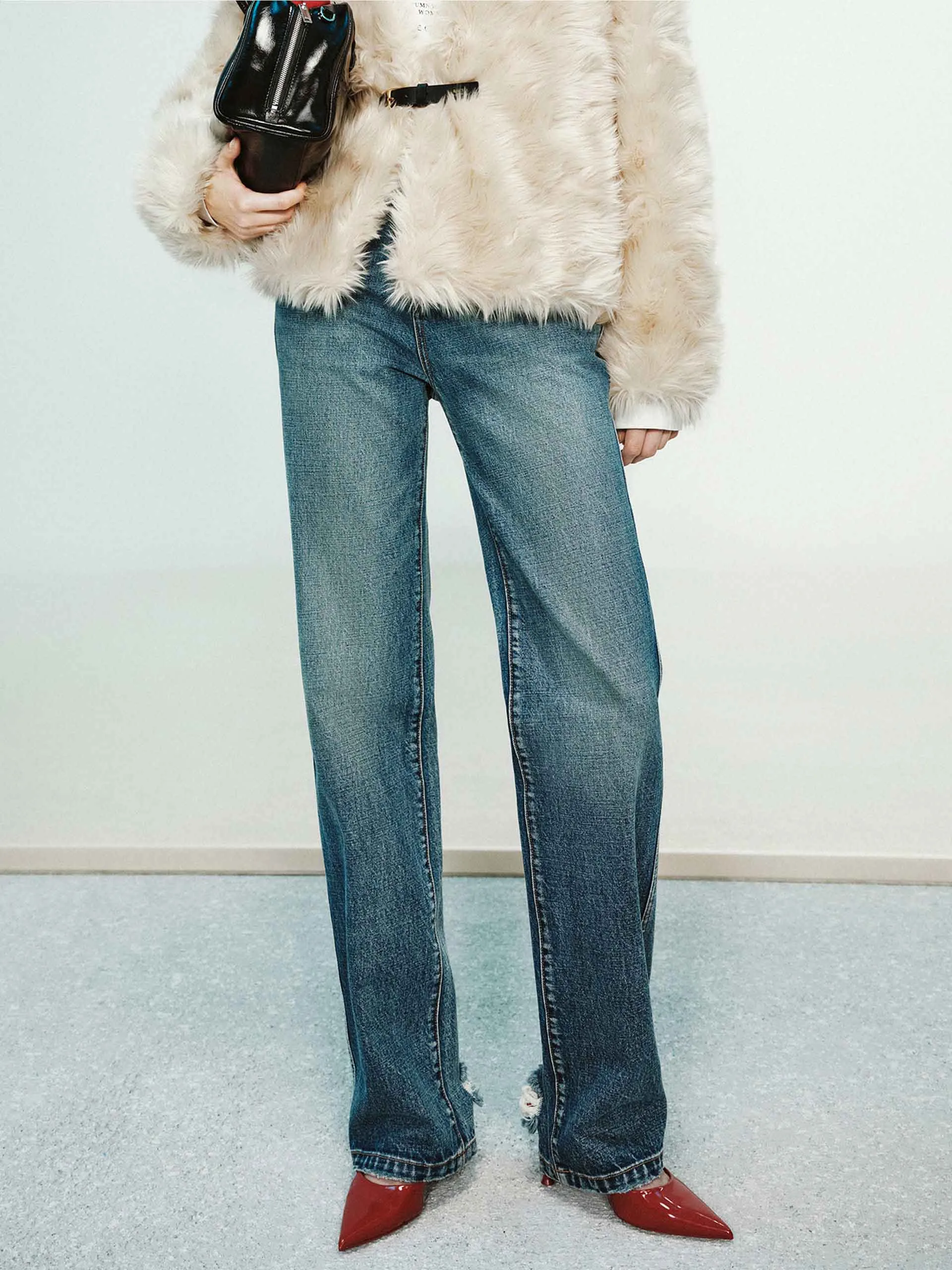 Ripped Hem Straight Jeans Quick Pick