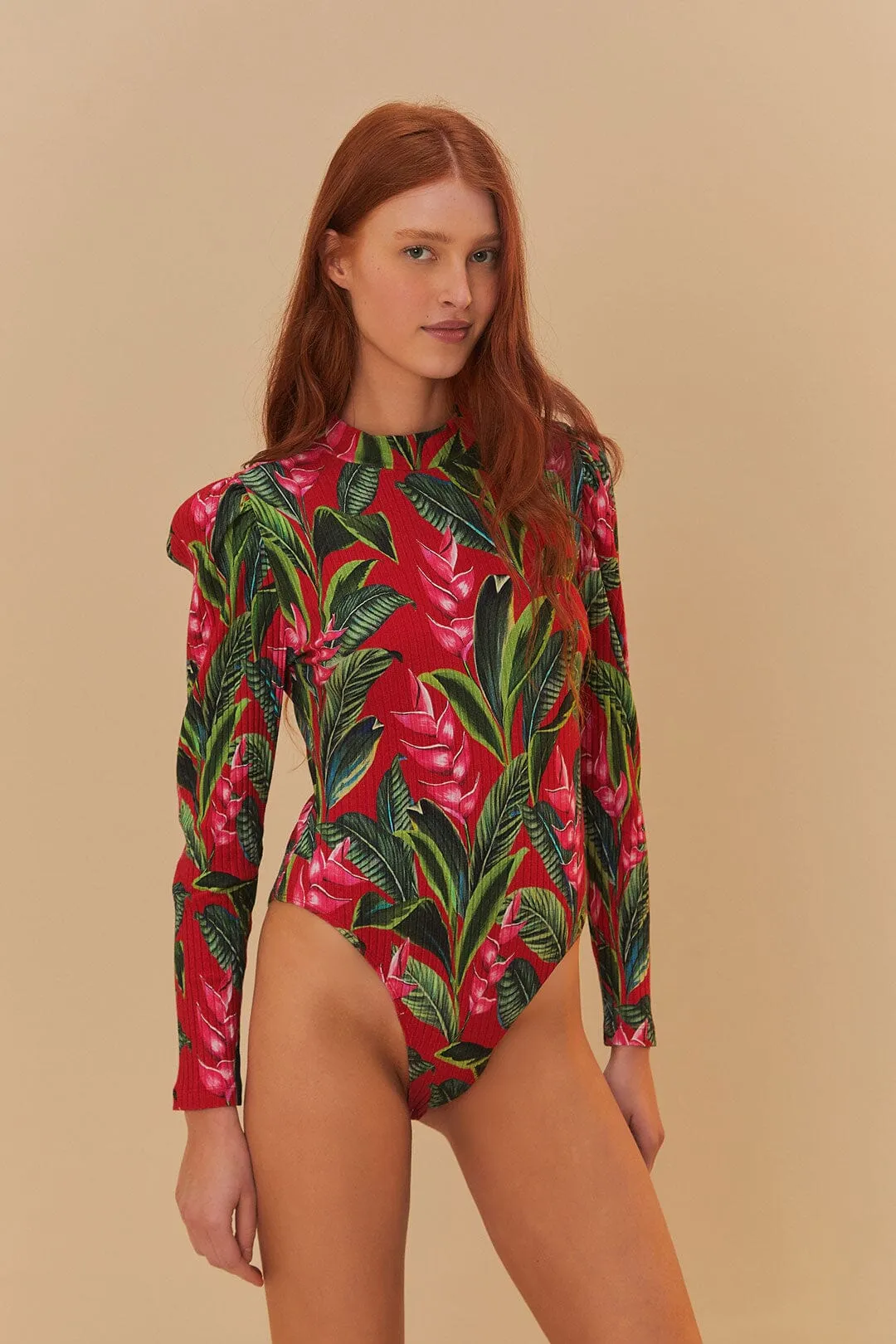 Red Dream Garden Long Sleeve Bodysuit Dynamic Casual Date New