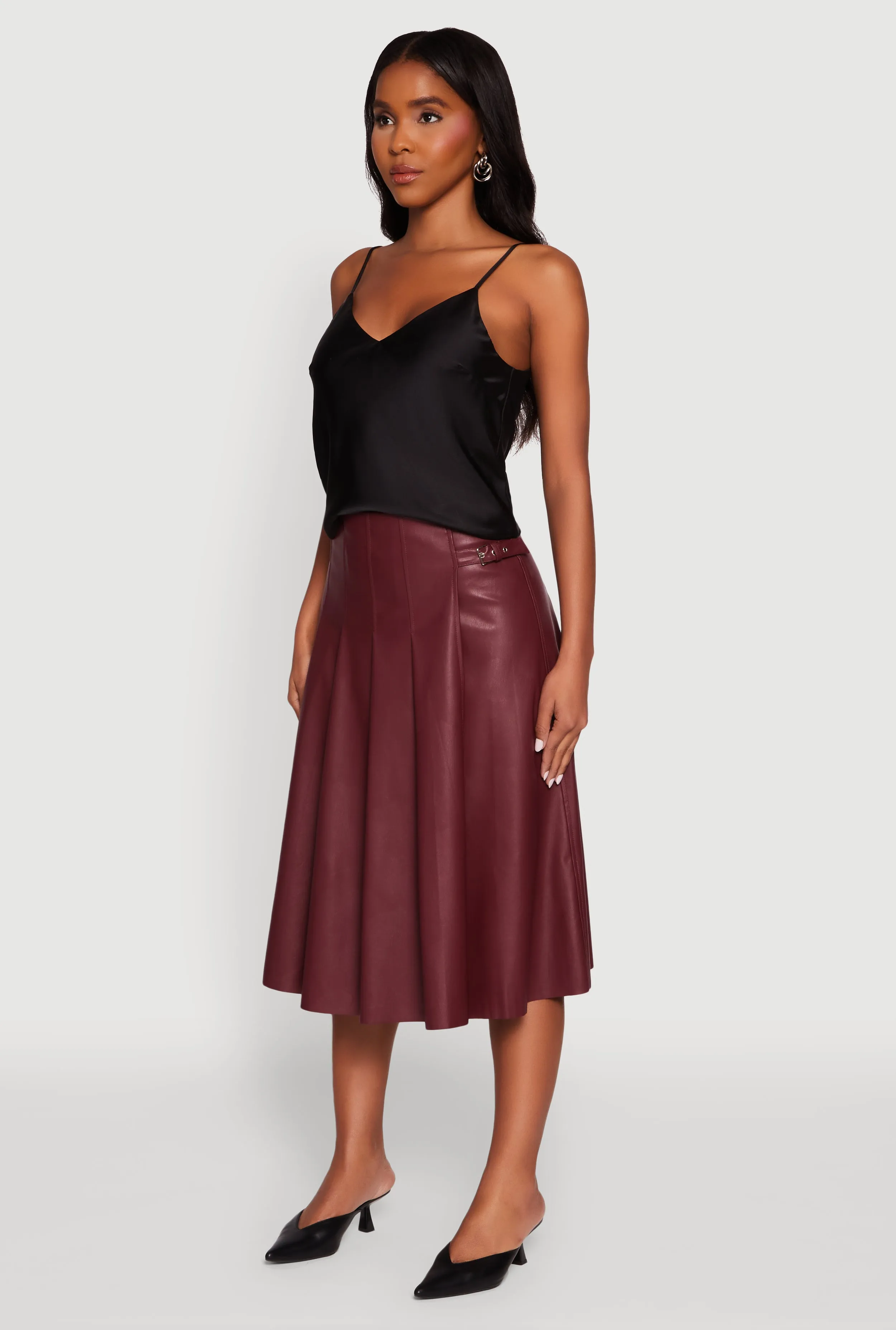 Faux Leather Buckle Detail Midi Pleated Skirt raw hem Modern Chic